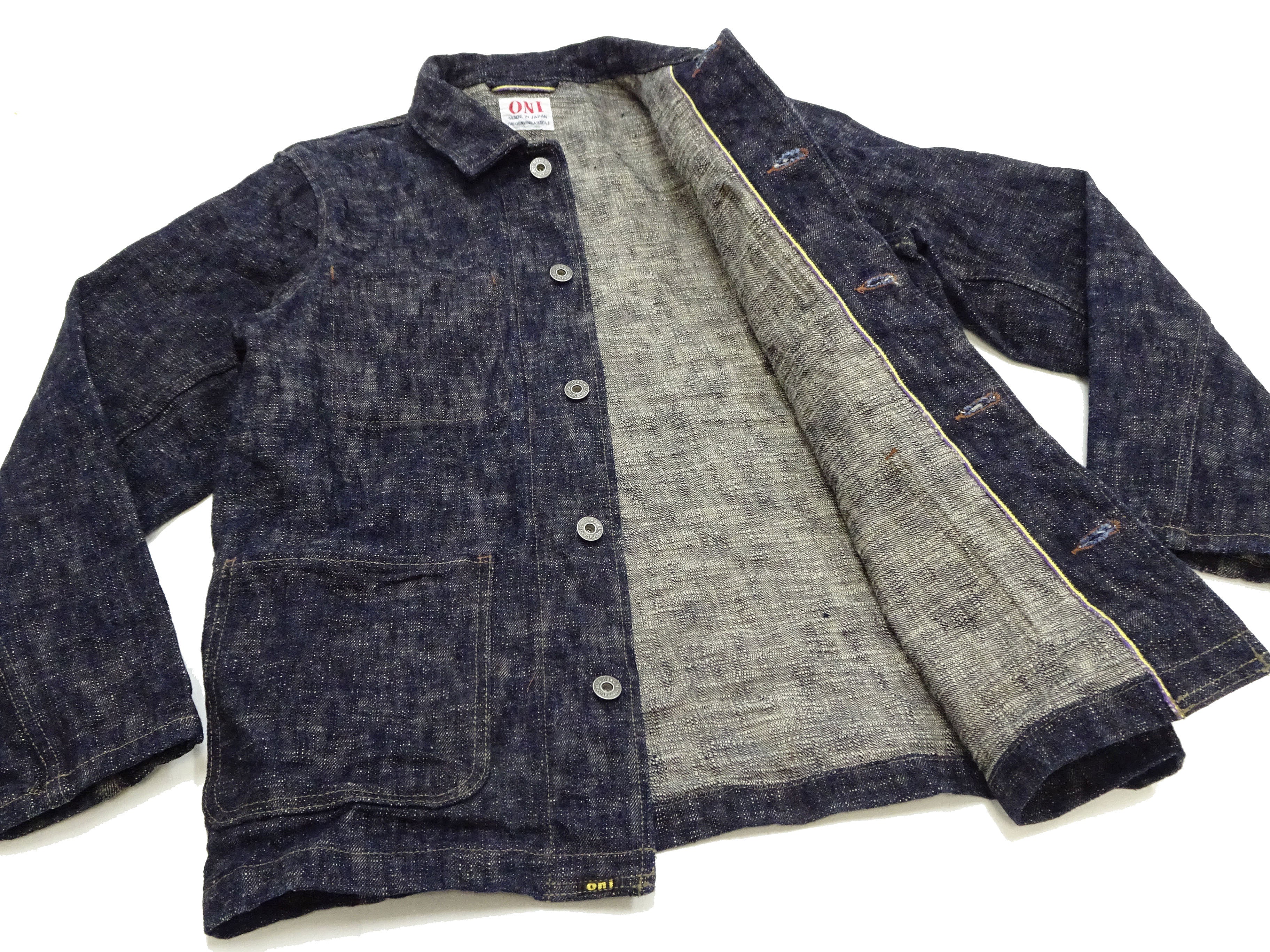 Oni Denim Jacket 03502-kasuri Men's Casual Slim-Fit 17oz. ONI-Kasuri Slub Selvedge Denim Work Coat Chore Coat Indigo One-Wash - Image 14