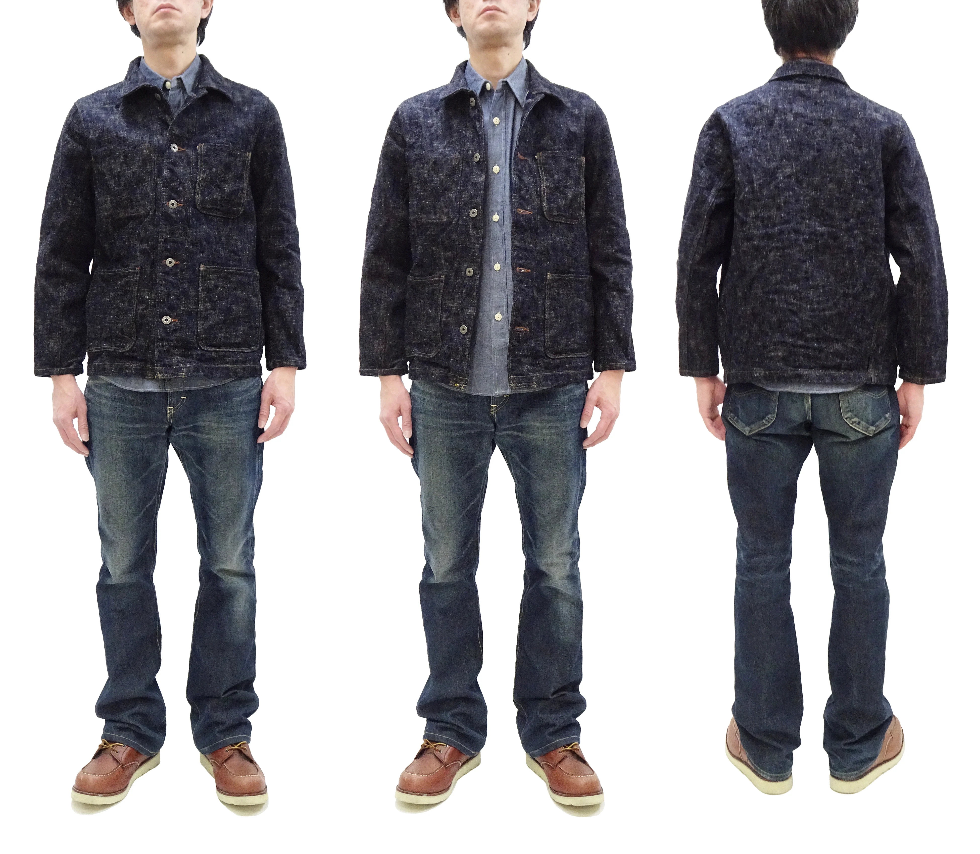 Oni Denim Jacket 03502-kasuri Men's Casual Slim-Fit 17oz. ONI-Kasuri Slub Selvedge Denim Work Coat Chore Coat Indigo One-Wash - Image 3