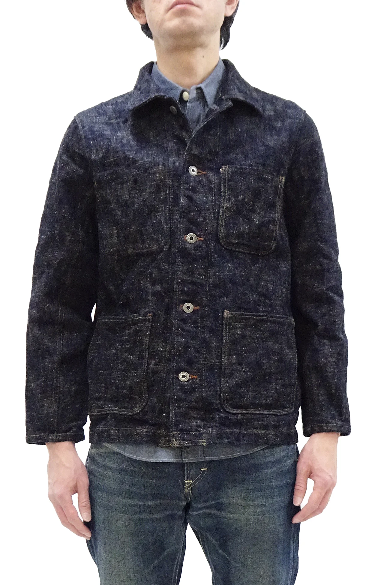 Oni Denim Jacket 03502-kasuri Men's Casual Slim-Fit 17oz. ONI-Kasuri Slub Selvedge Denim Work Coat Chore Coat Indigo One-Wash - Image 4