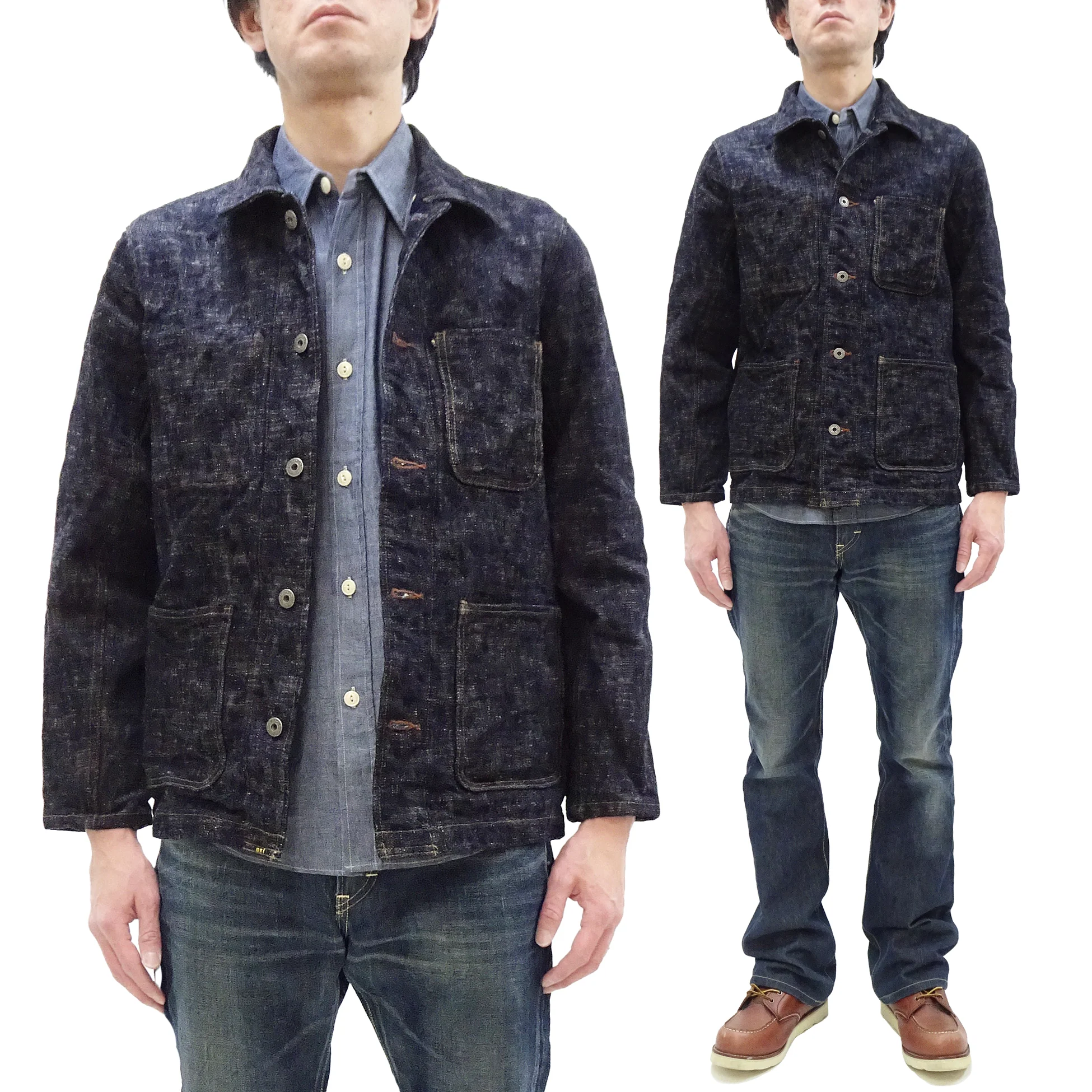 Oni Denim Jacket 03502-kasuri Men's Casual Slim-Fit 17oz. ONI-Kasuri Slub Selvedge Denim Work Coat Chore Coat Indigo One-Wash - Image 6