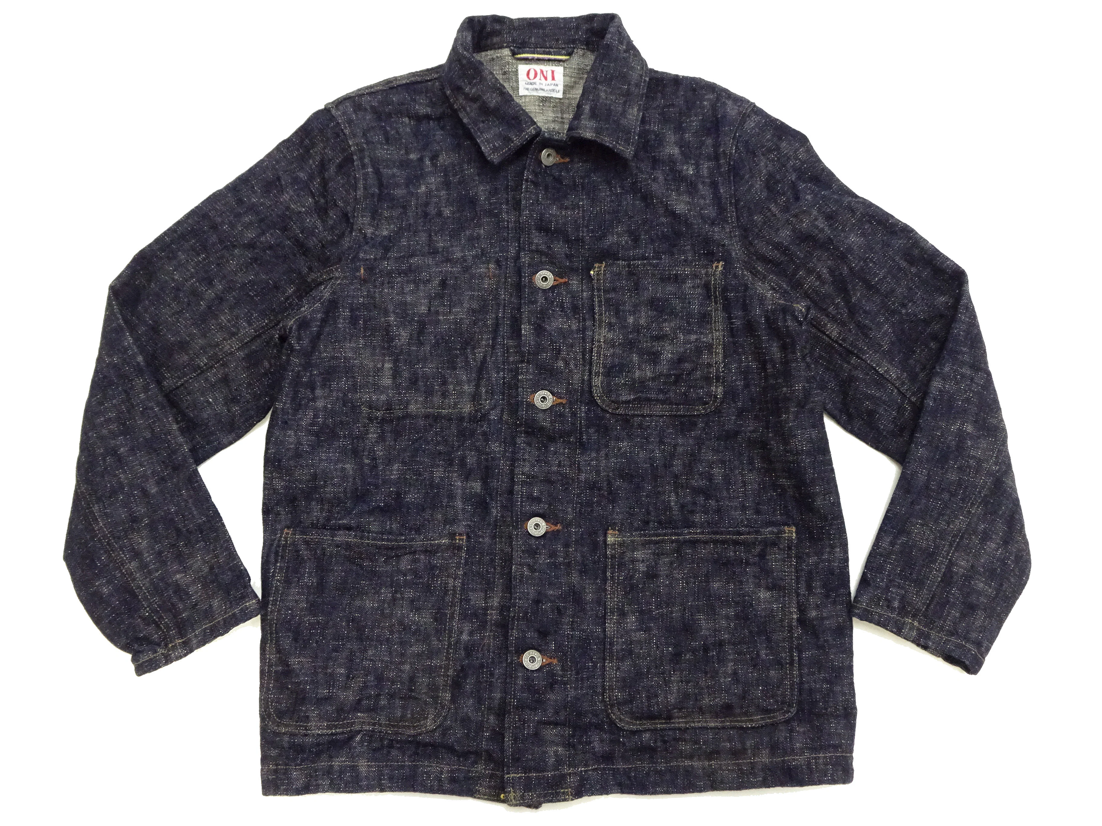 Oni Denim Jacket 03502-kasuri Men's Casual Slim-Fit 17oz. ONI-Kasuri Slub Selvedge Denim Work Coat Chore Coat Indigo One-Wash - Image 7