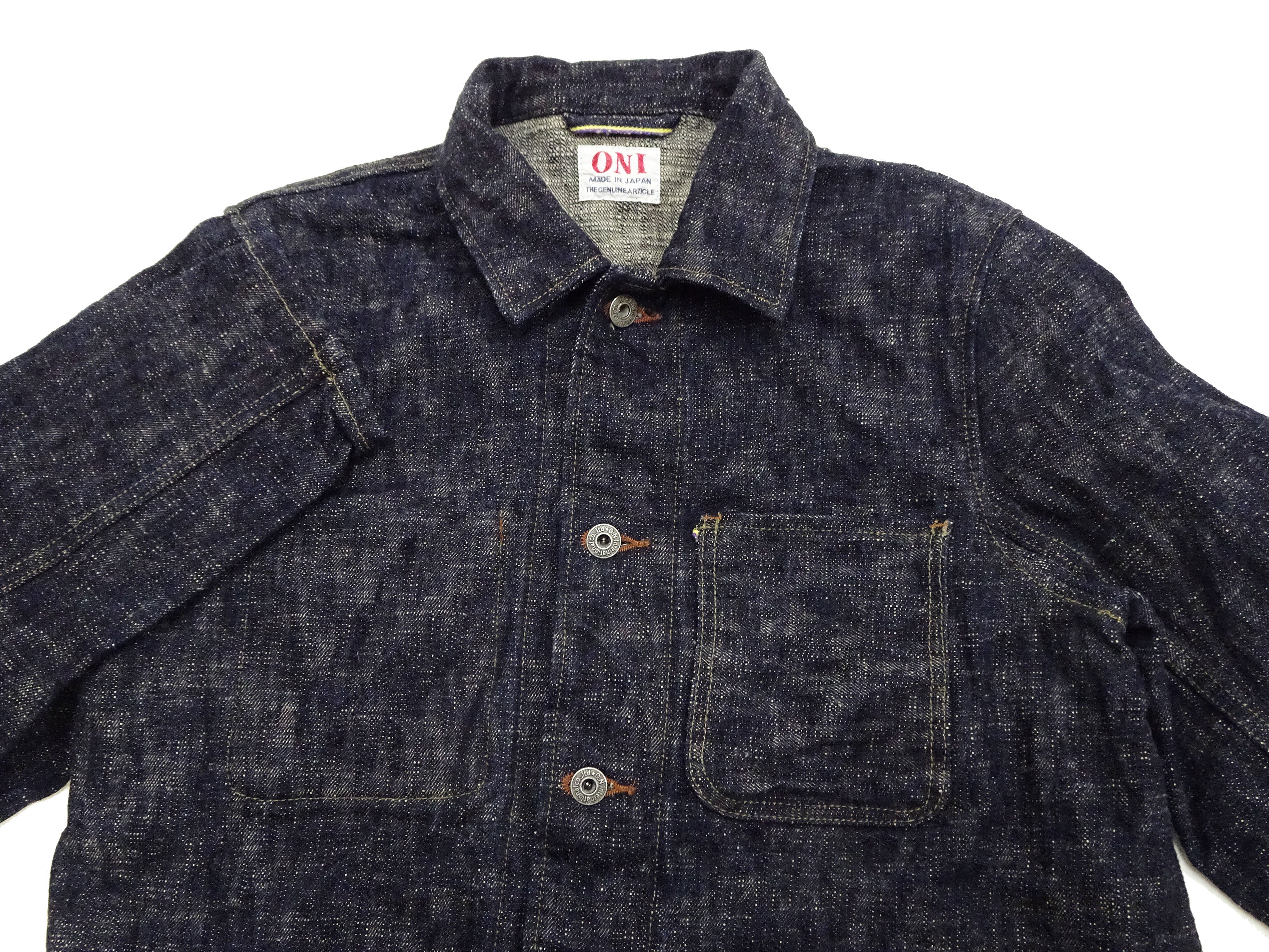 Oni Denim Jacket 03502-kasuri Men's Casual Slim-Fit 17oz. ONI-Kasuri Slub Selvedge Denim Work Coat Chore Coat Indigo One-Wash - Image 8