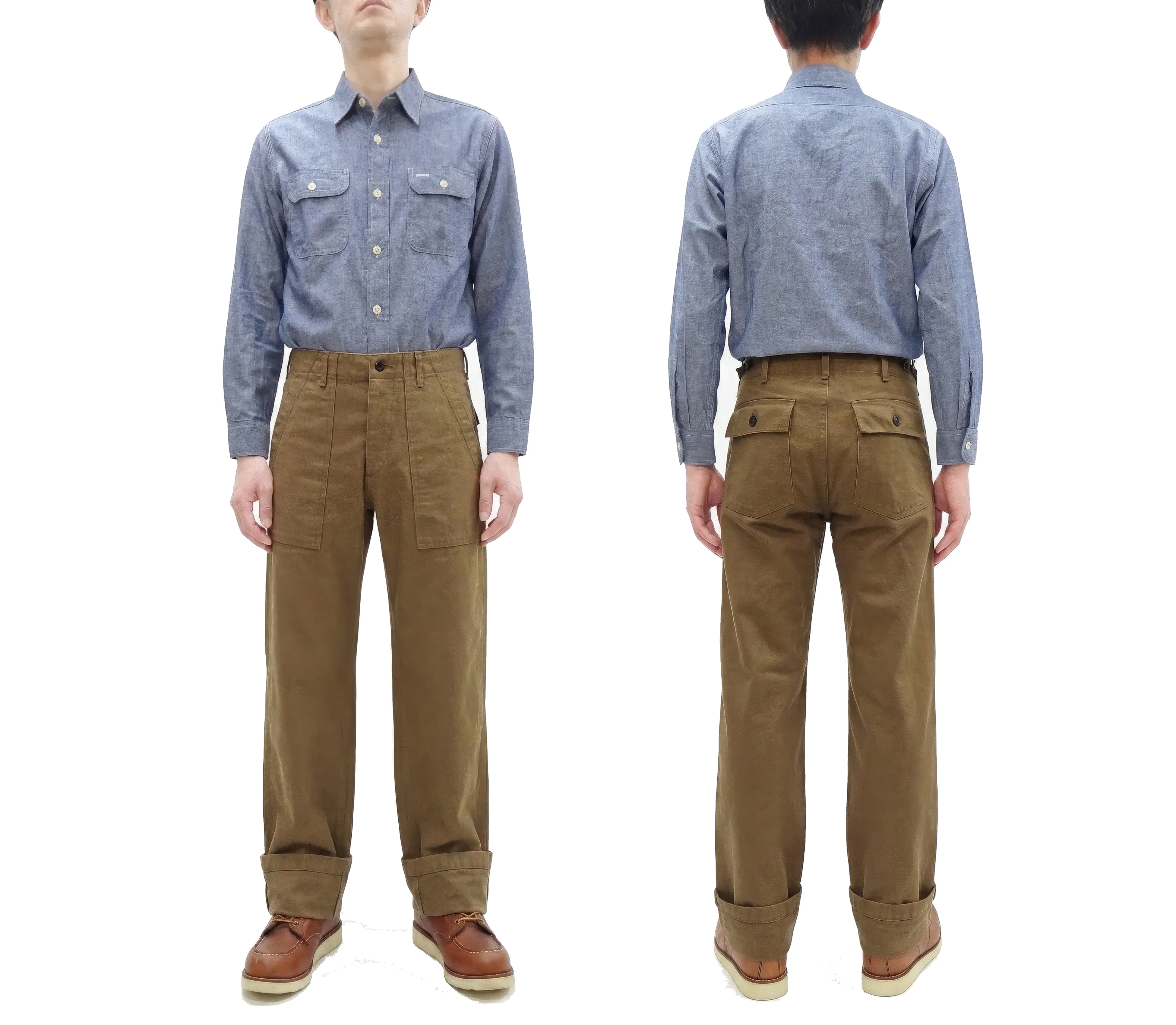 ONI Denim Men's Brown-Khaki Sulfur-Dyed Heavy Oxford Work Pants Relaxed Straight Fit Button Fly Trousers Made in Japan (ONI-207HOX-BRK) - Image 3