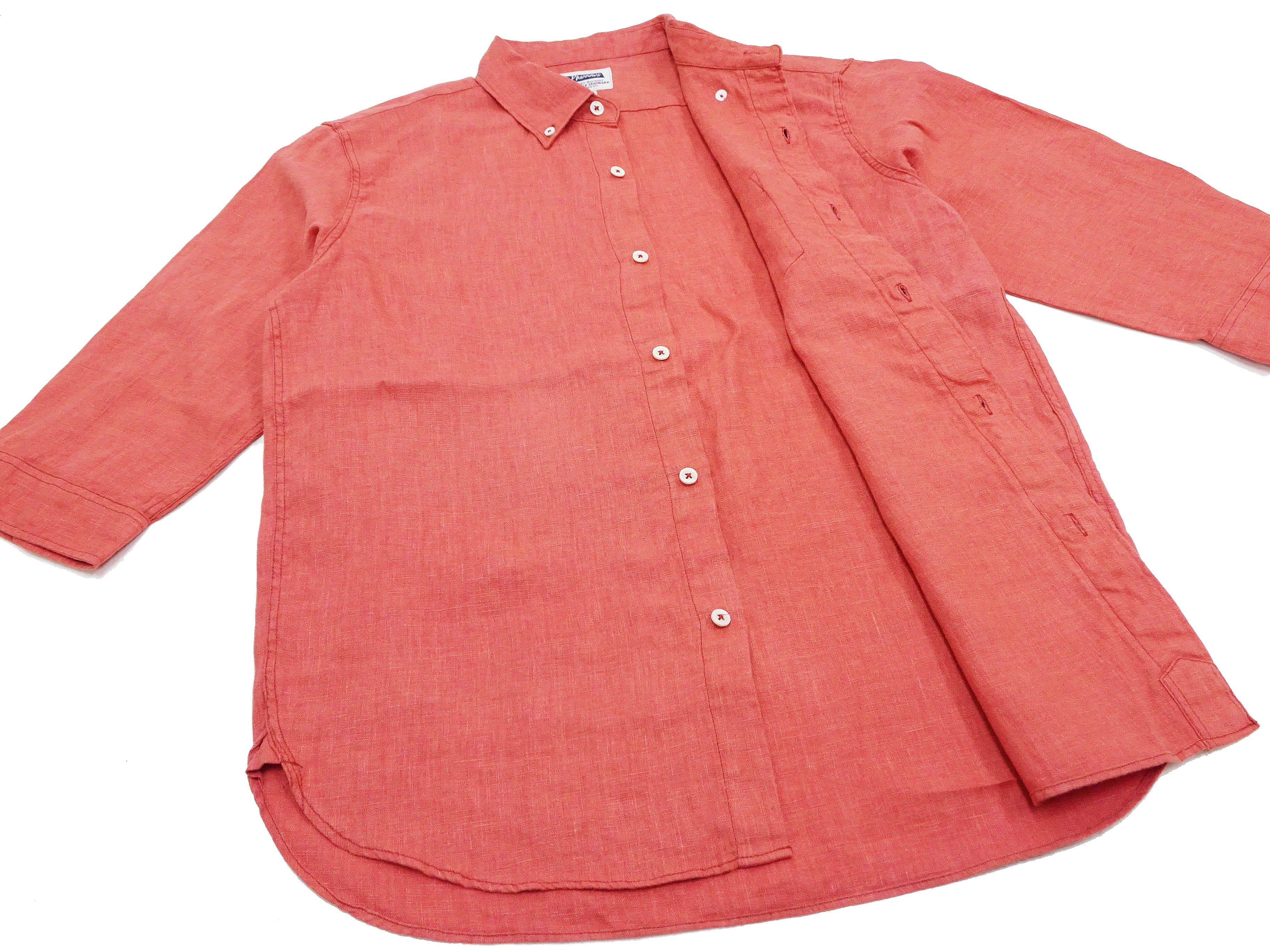 Pherrow's Linen 3/4 Sleeve Shirt Men's Casual Plain Button Up Shirt with Button-Down Collar Pherrows 24S-P7BD1 Salmon - Image 10