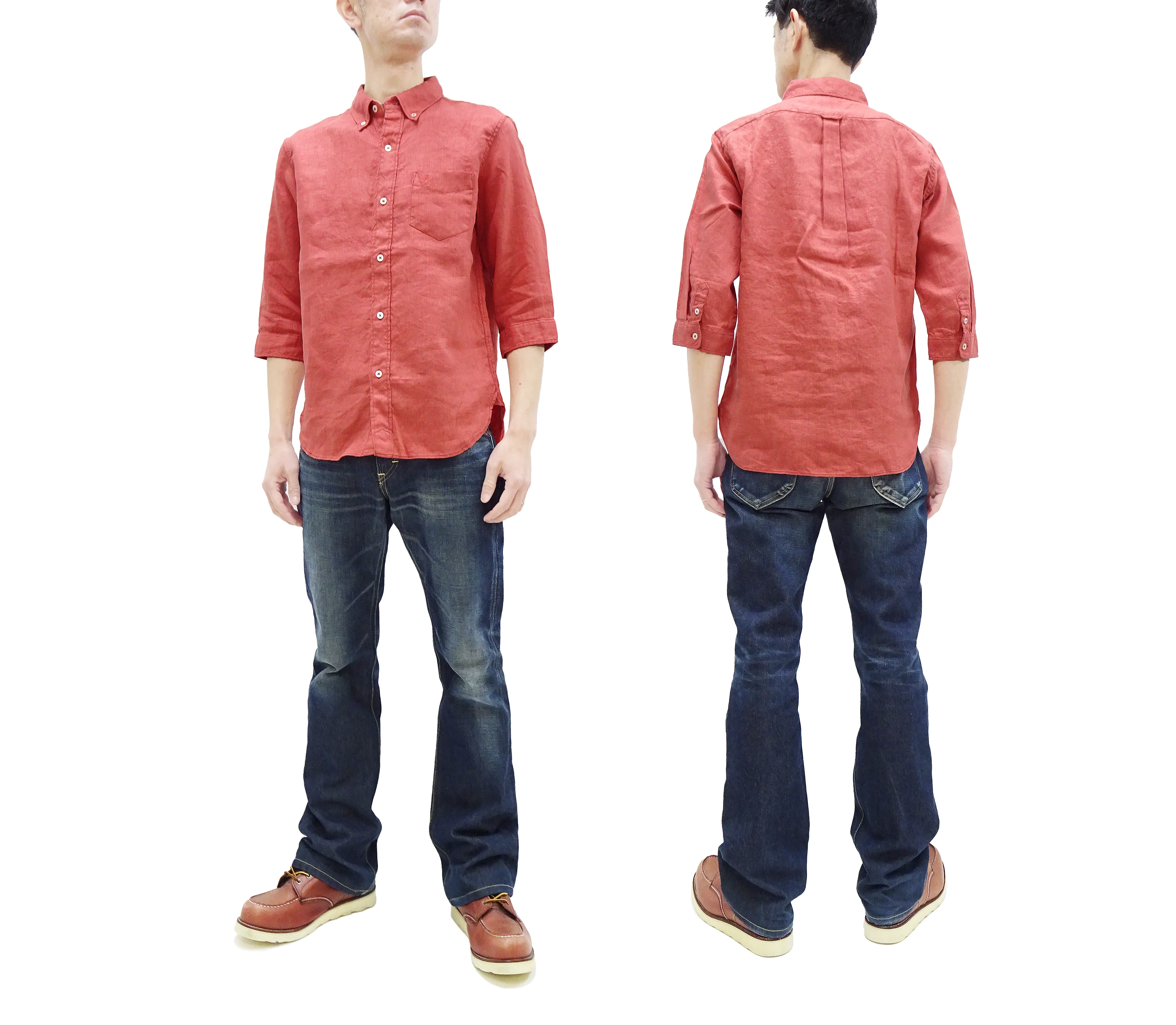 Pherrow's Linen 3/4 Sleeve Shirt Men's Casual Plain Button Up Shirt with Button-Down Collar Pherrows 24S-P7BD1 Salmon - Image 2