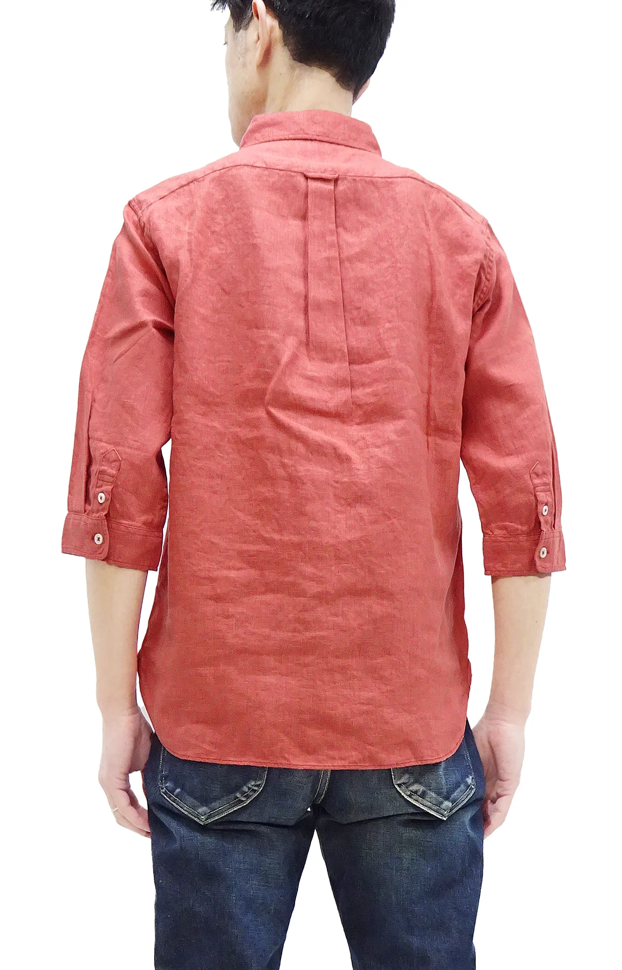 Pherrow's Linen 3/4 Sleeve Shirt Men's Casual Plain Button Up Shirt with Button-Down Collar Pherrows 24S-P7BD1 Salmon - Image 4