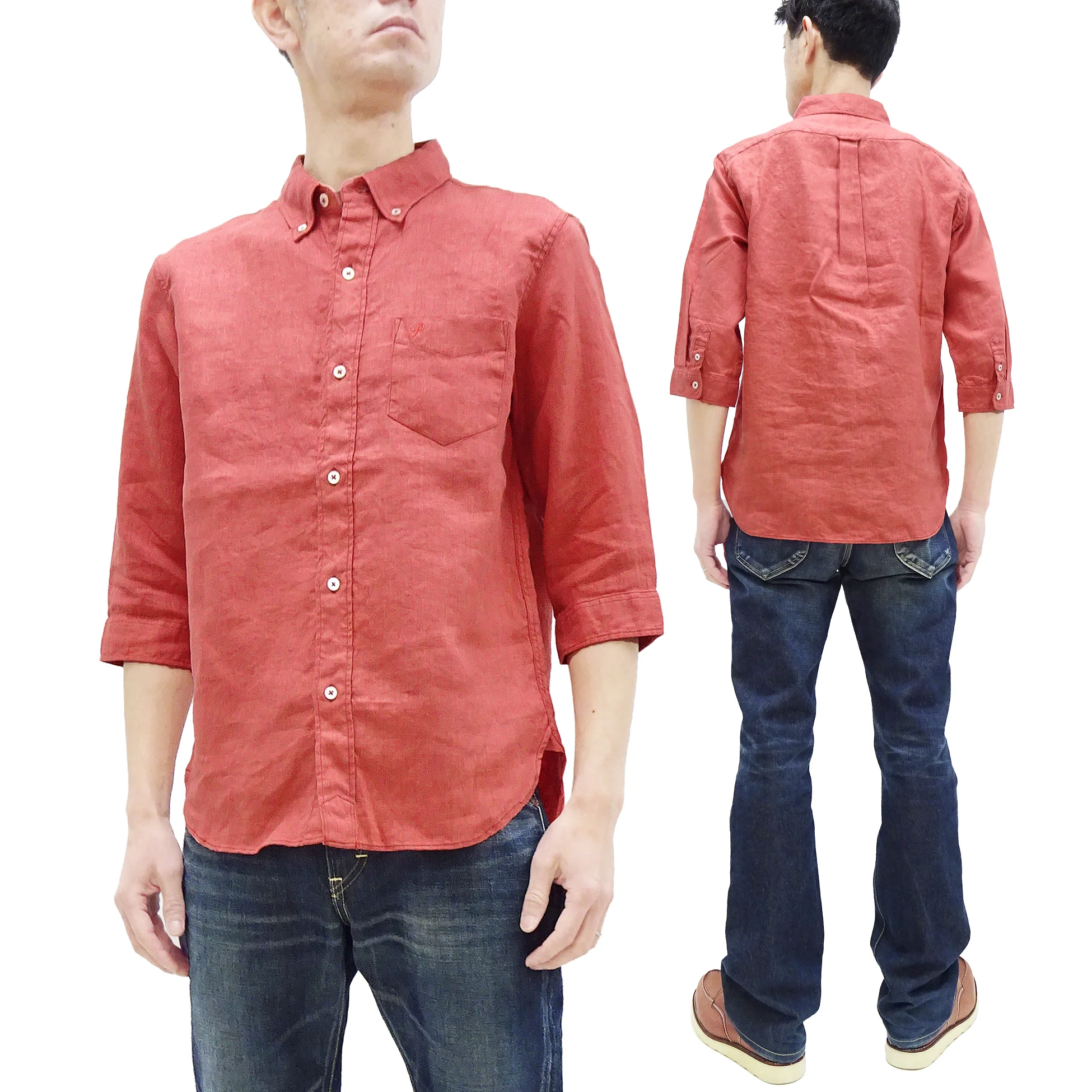 Pherrow's Linen 3/4 Sleeve Shirt Men's Casual Plain Button Up Shirt with Button-Down Collar Pherrows 24S-P7BD1 Salmon - Image 5