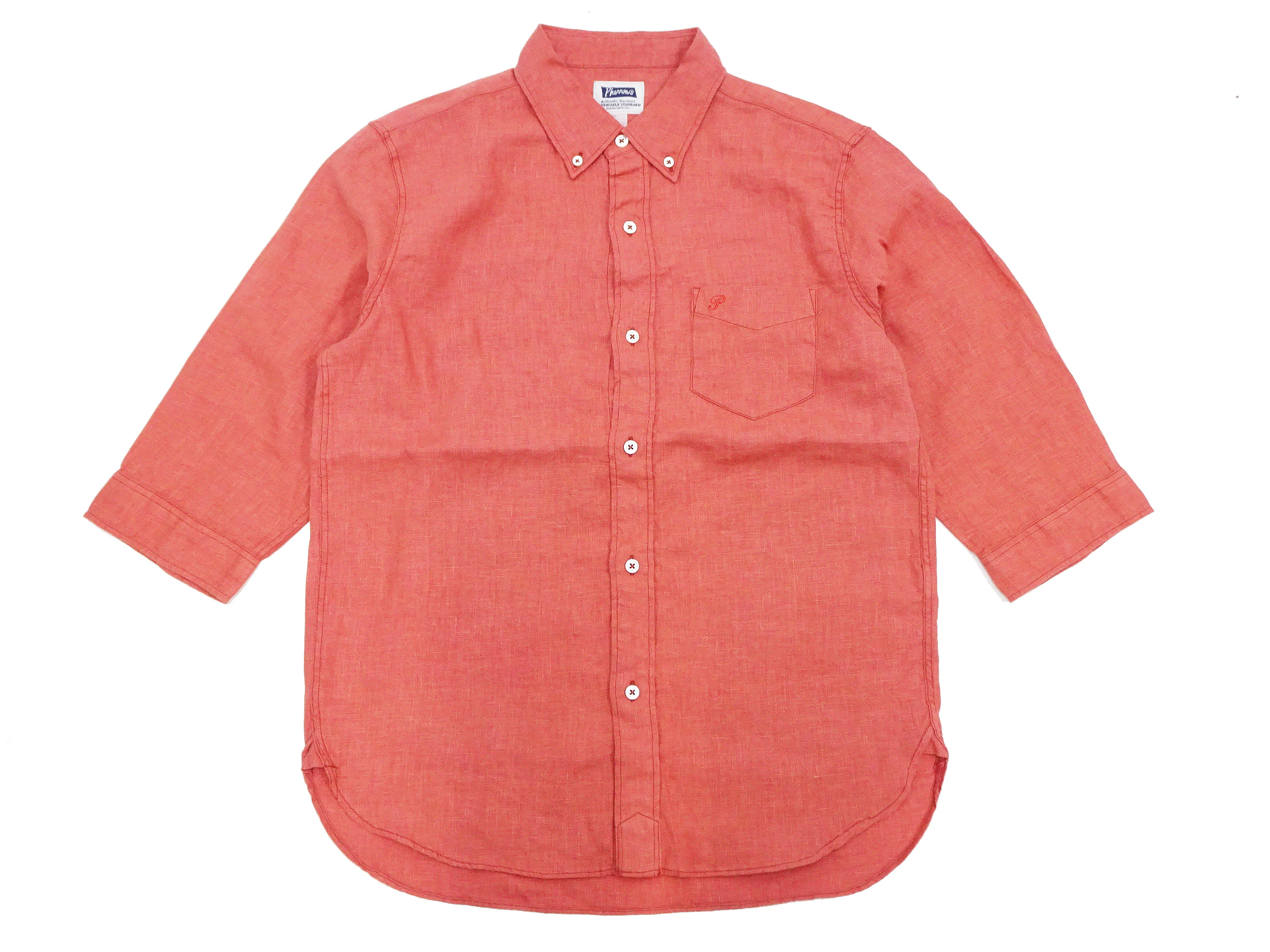 Pherrow's Linen 3/4 Sleeve Shirt Men's Casual Plain Button Up Shirt with Button-Down Collar Pherrows 24S-P7BD1 Salmon - Image 6