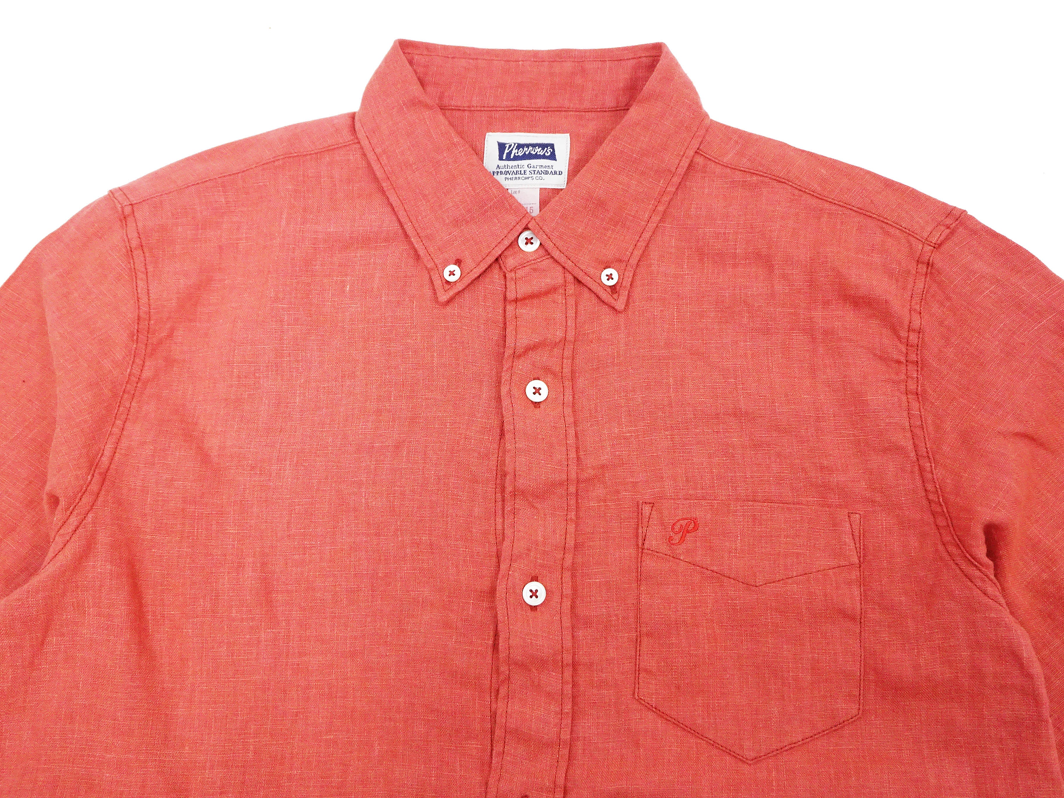 Pherrow's Linen 3/4 Sleeve Shirt Men's Casual Plain Button Up Shirt with Button-Down Collar Pherrows 24S-P7BD1 Salmon - Image 7