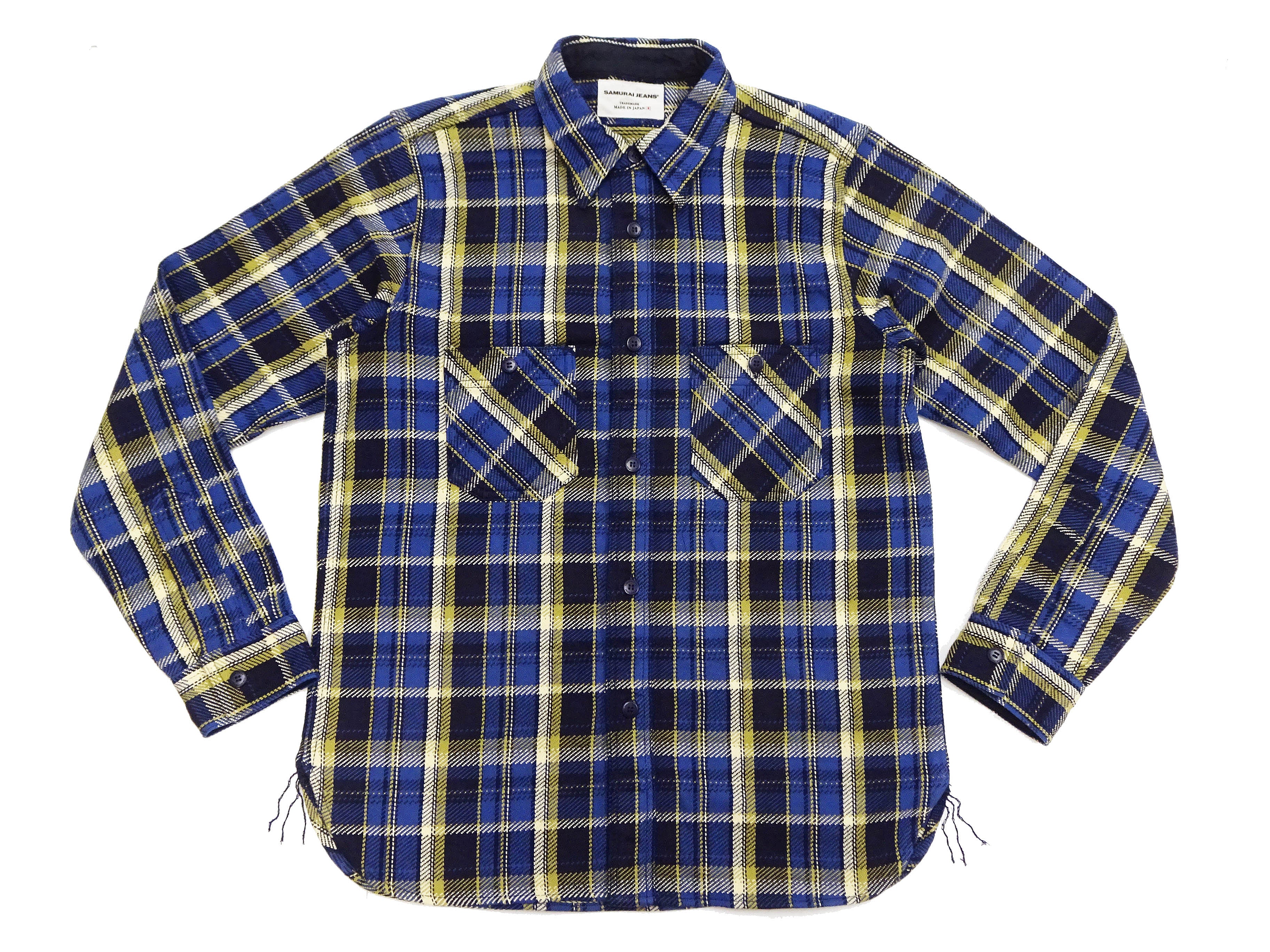 Samurai Jeans Indigo Plaid Flannel Shirt Men's Heavyweight Long Sleeve Button Up Work Shirt SIN23-01 Indigo/Blue Plaid - Image 6