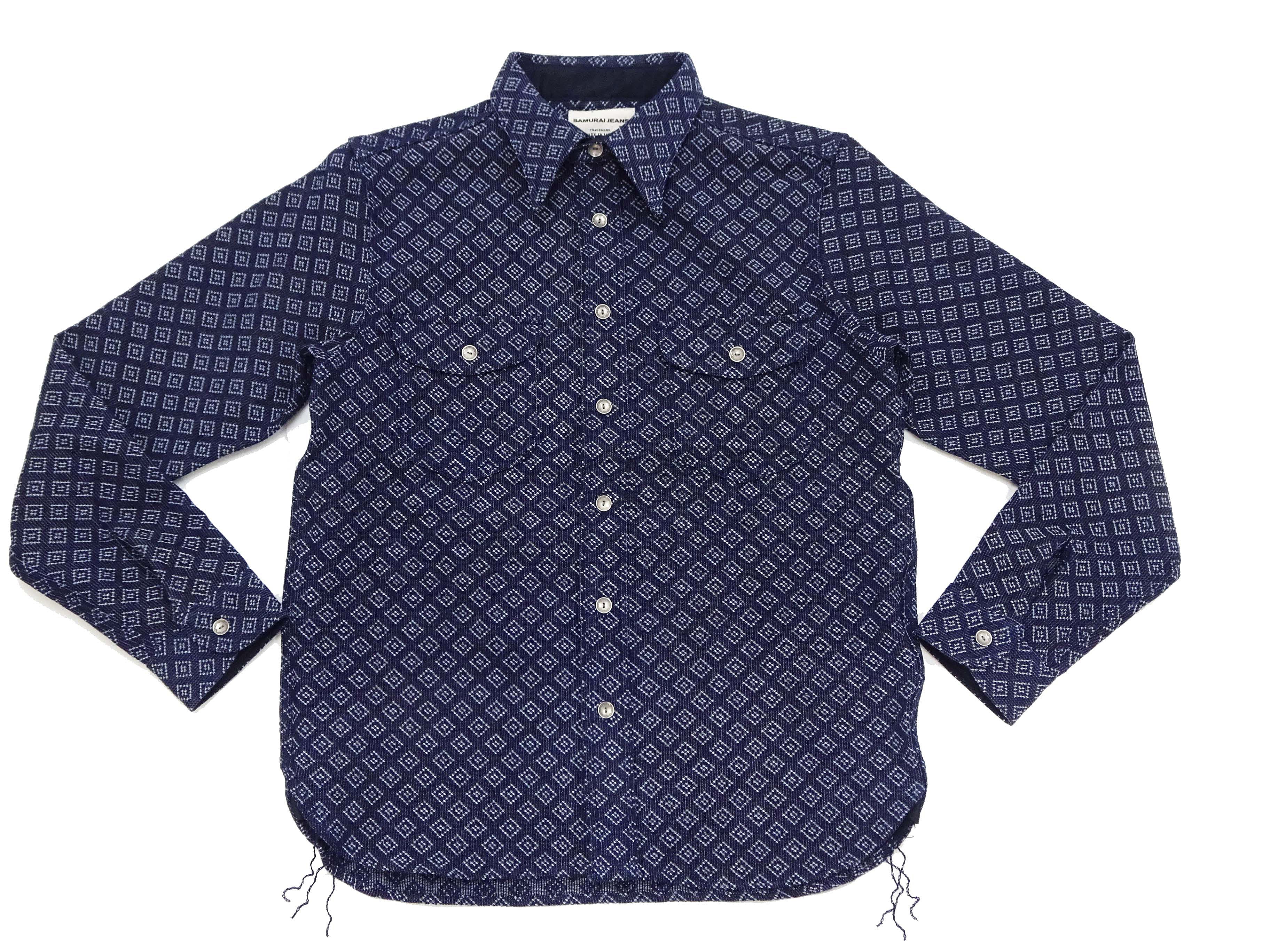 Samurai Jeans Indigo Sashiko Shirt Men's Diamond Stitch Sashiko Long Sleeve Button Up Work Shirt SSS23-SSK - Image 7
