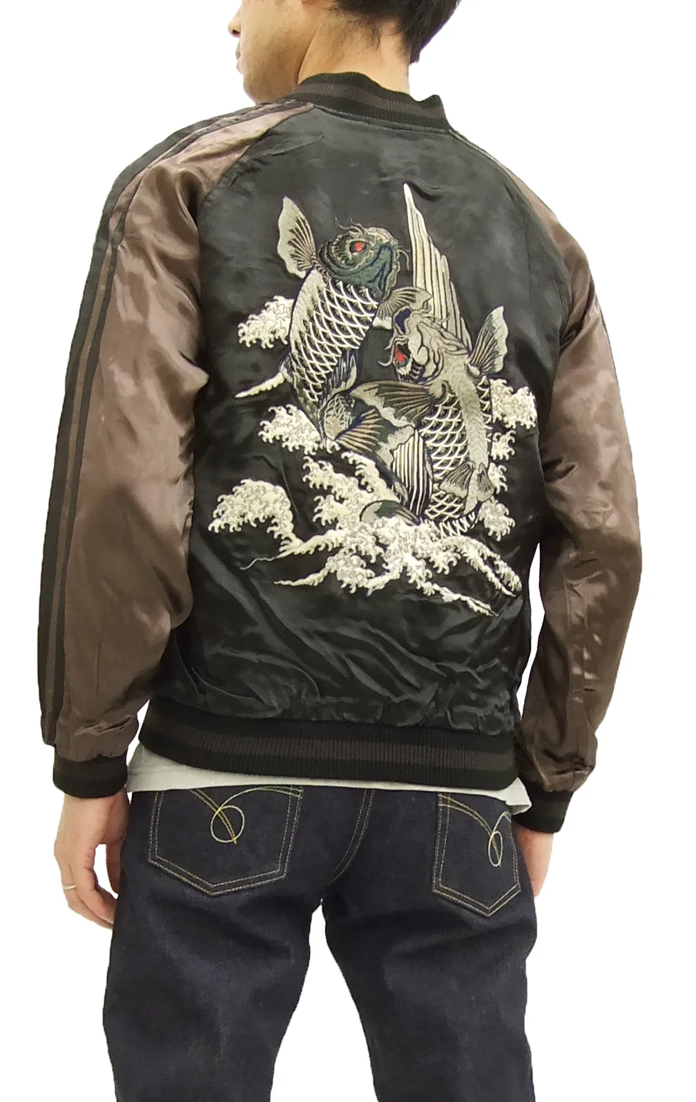 Satori Script Japanese Souvenir Jacket Koi Fish Carps Men's Sukajan GSJR-011 Black/Charcoal-Gray