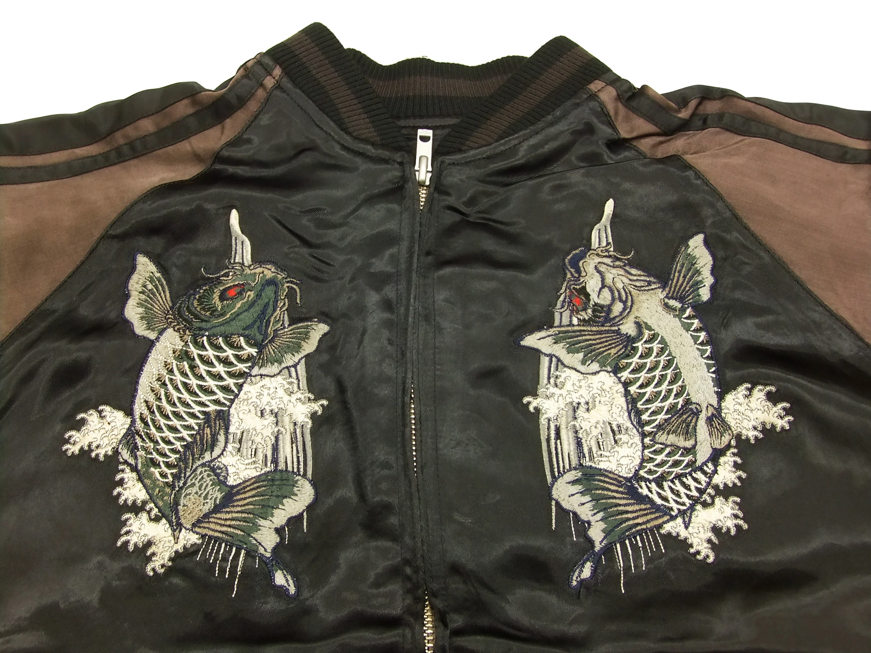 Satori Script Japanese Souvenir Jacket Koi Fish Carps Men's Sukajan GSJR-011 Black/Charcoal-Gray - Image 10