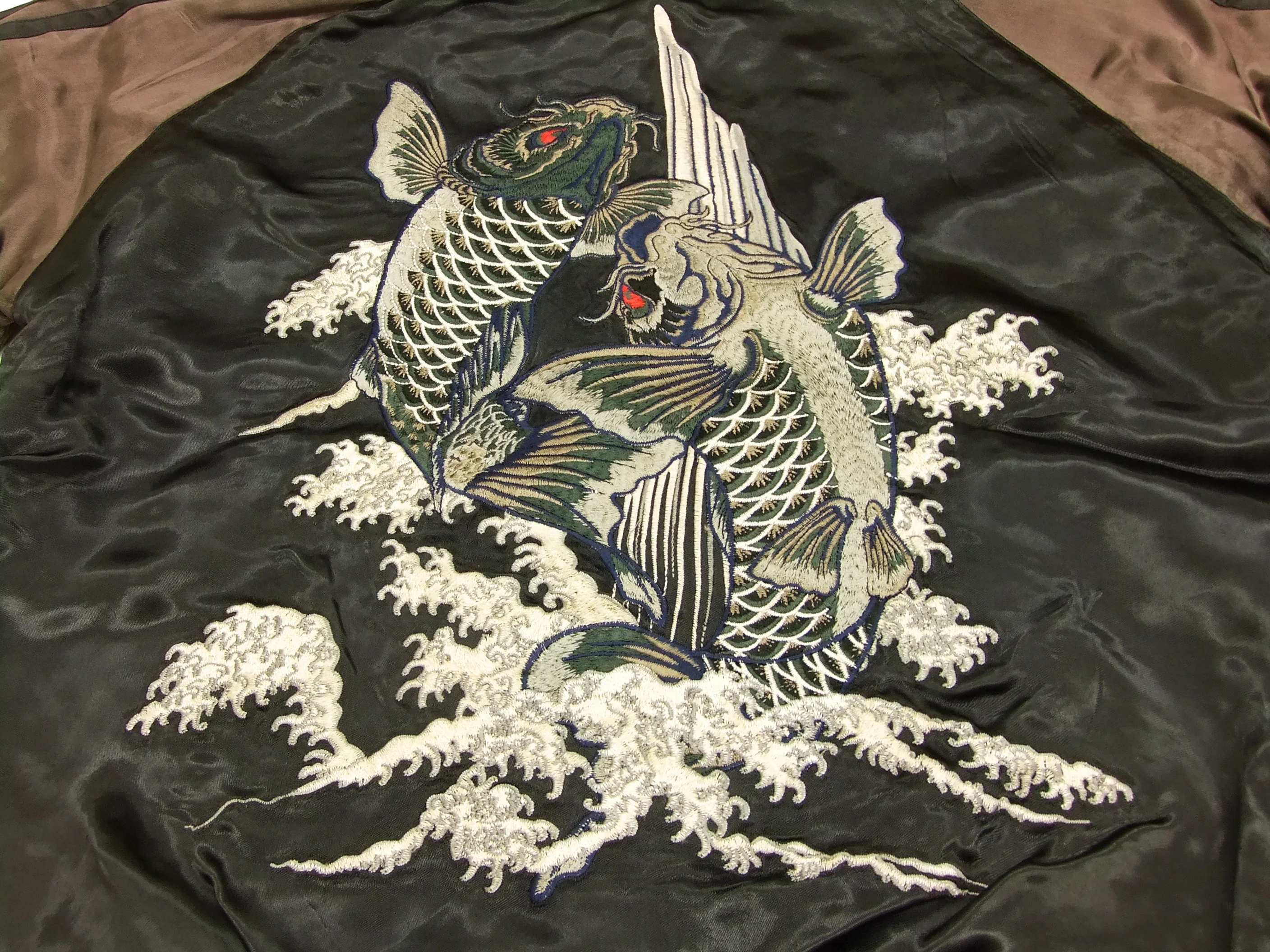Satori Script Japanese Souvenir Jacket Koi Fish Carps Men's Sukajan GSJR-011 Black/Charcoal-Gray - Image 8