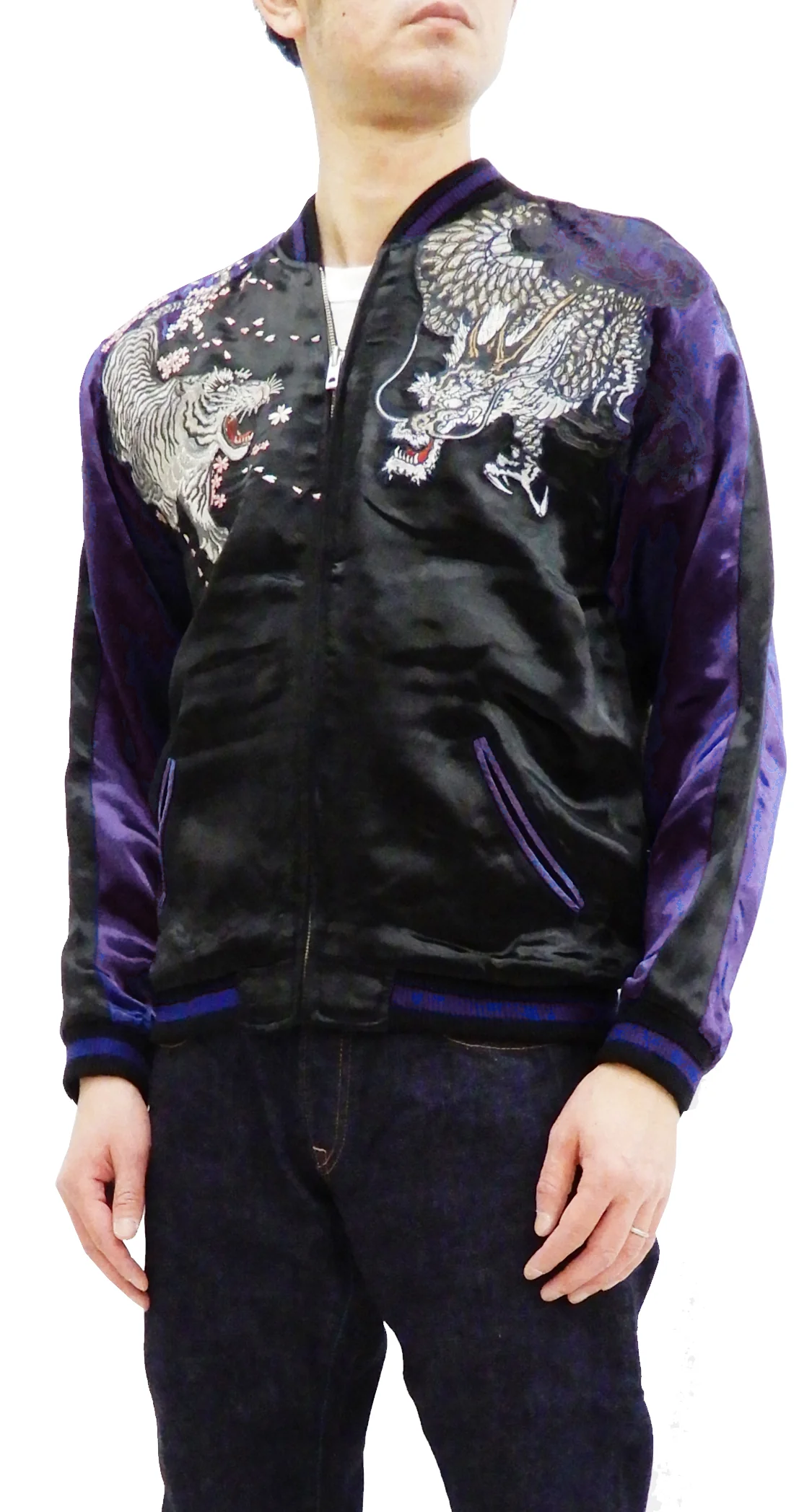 Satori Script Men's Japanese Souvenir Jacket Dragon and Tiger Sukajan GSJR-020 Black/Dark-Blue - Image 4