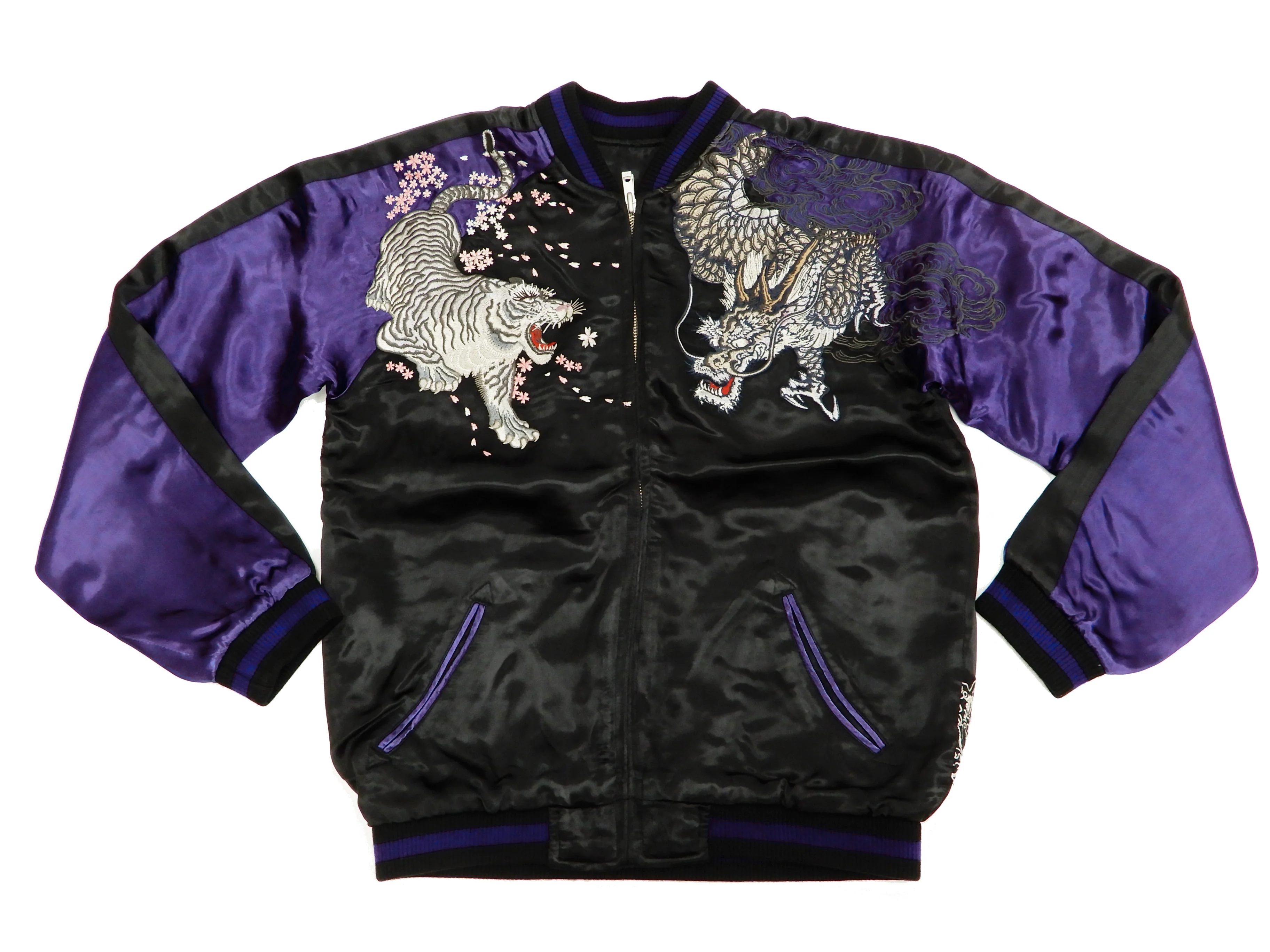 Satori Script Men's Japanese Souvenir Jacket Dragon and Tiger Sukajan GSJR-020 Black/Dark-Blue - Image 9