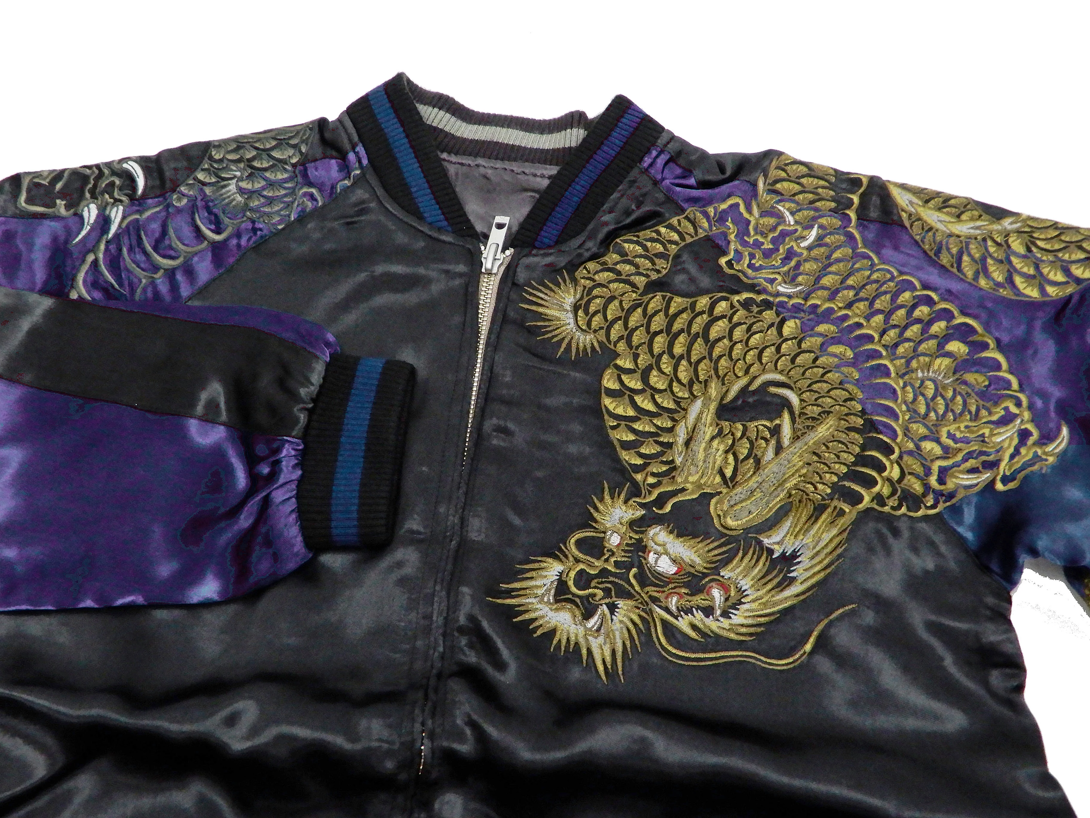 Satori Script Men's Japanese Souvenir Jacket Dragon Embroidered Sukajan GSJR-026 Black/Navy-Blue - Image 10