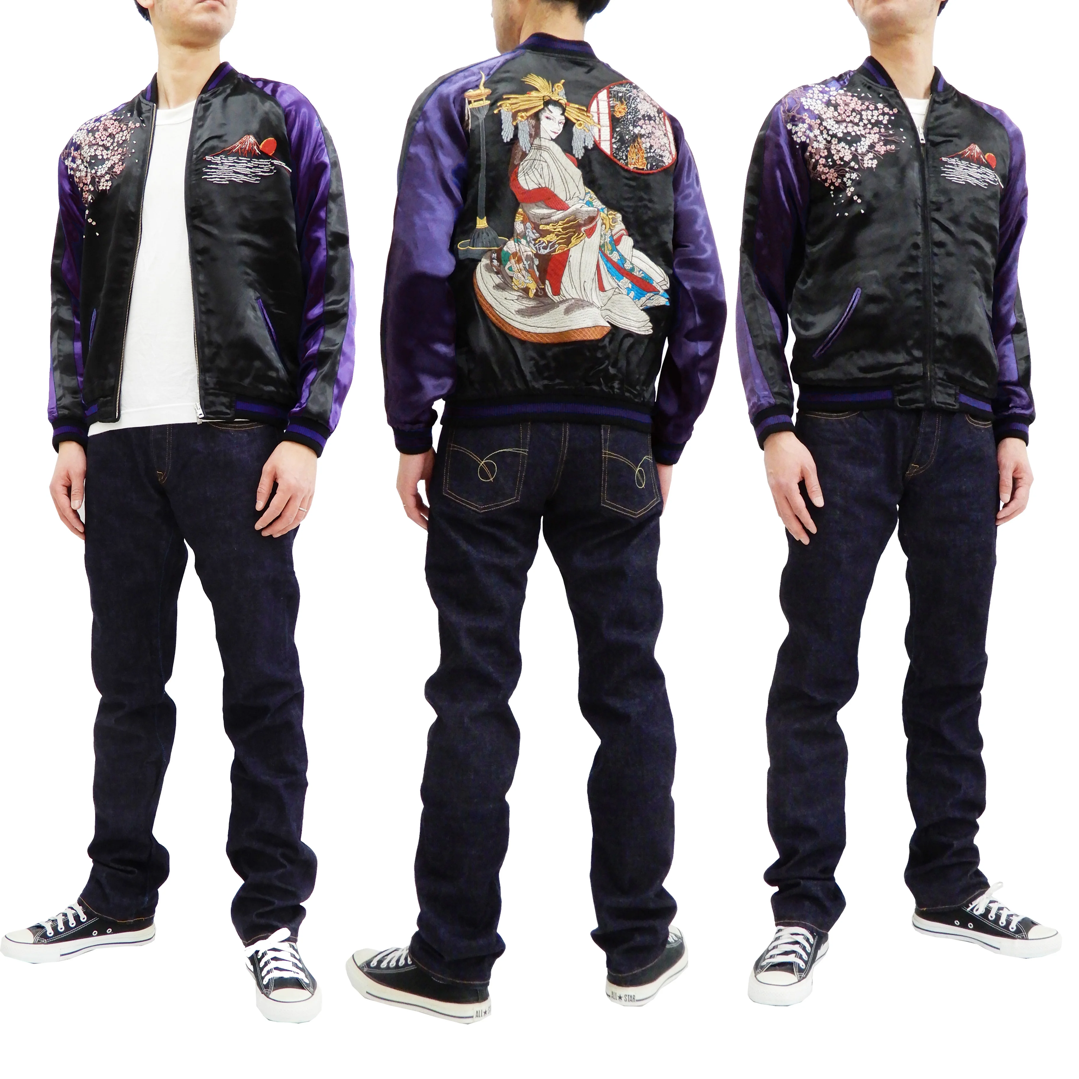 Satori Script Men's Japanese Souvenir Jacket Geisha Oiran Sukajan GSJR-021 Black/Dark-Blue - Image 3