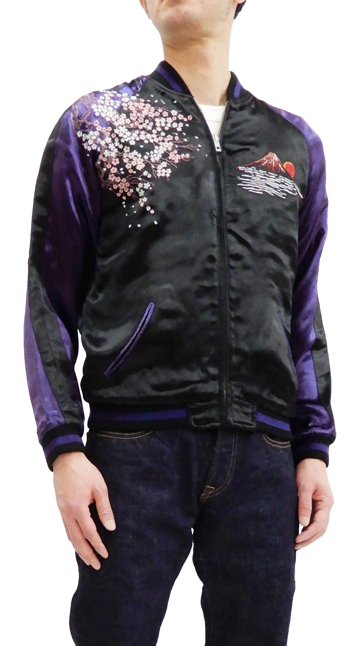 Satori Script Men's Japanese Souvenir Jacket Geisha Oiran Sukajan GSJR-021 Black/Dark-Blue - Image 4