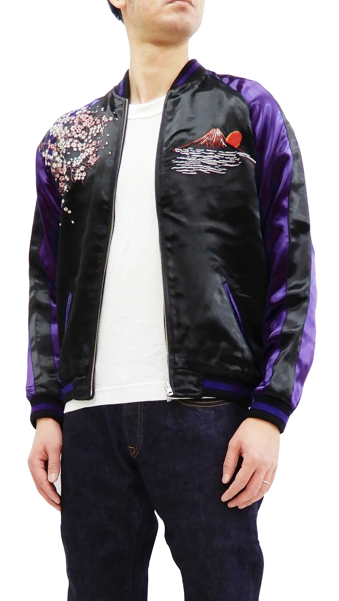 Satori Script Men's Japanese Souvenir Jacket Geisha Oiran Sukajan GSJR-021 Black/Dark-Blue - Image 5