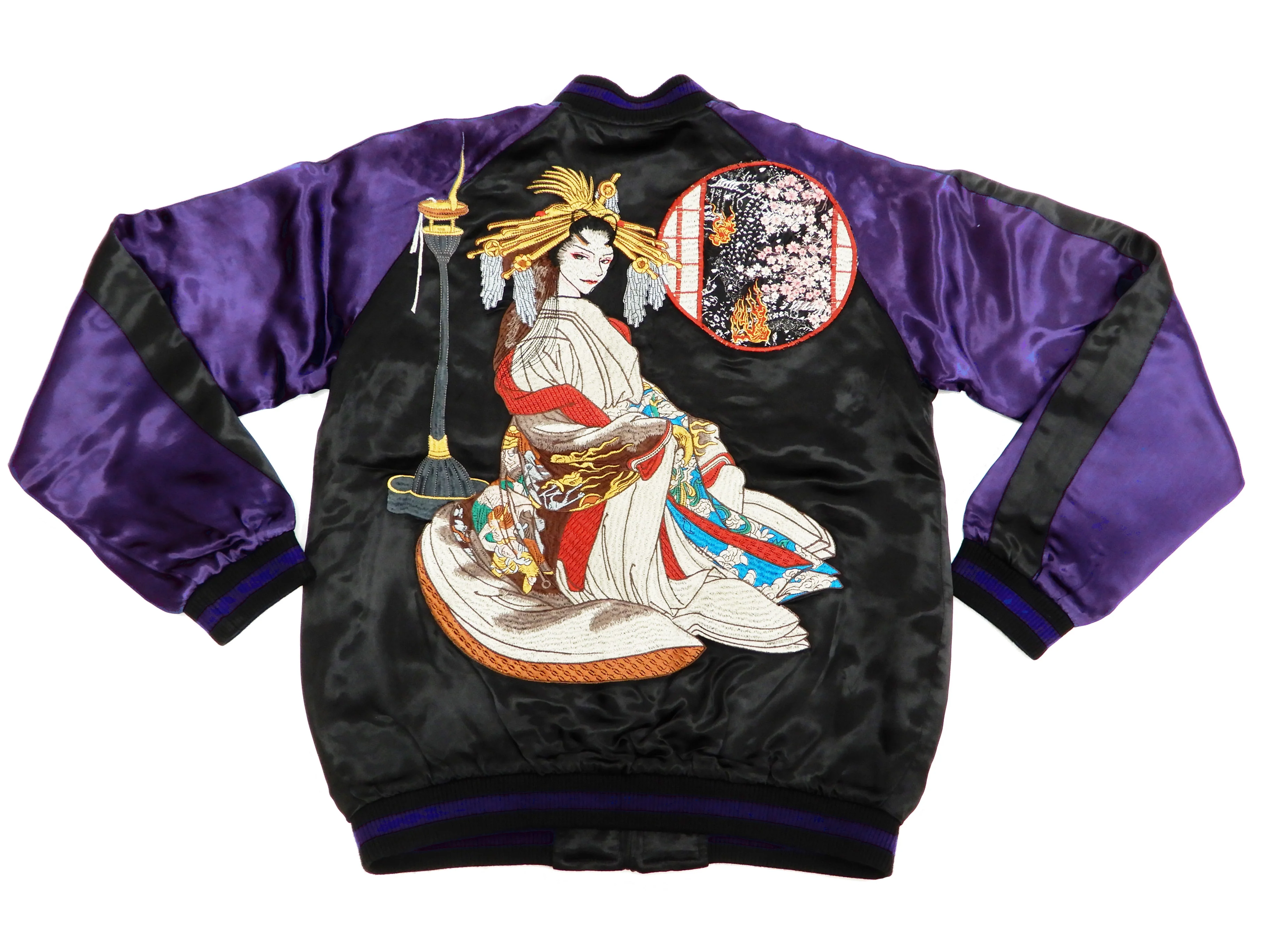 Satori Script Men's Japanese Souvenir Jacket Geisha Oiran Sukajan GSJR-021 Black/Dark-Blue - Image 7