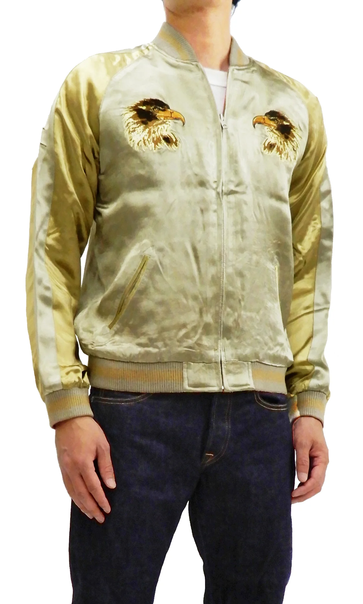 Satori Script Men's Japanese Souvenir Jacket Hawk Sukajan GSJR-018 Beige/Gold - Image 4