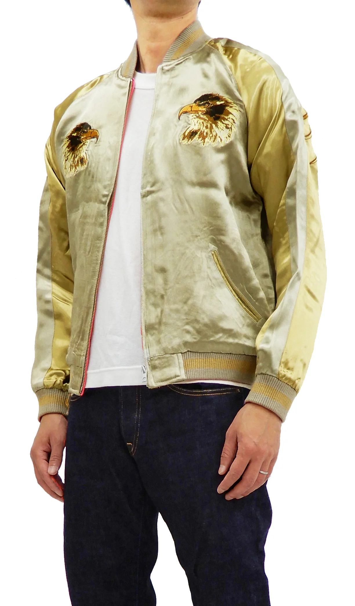 Satori Script Men's Japanese Souvenir Jacket Hawk Sukajan GSJR-018 Beige/Gold - Image 5