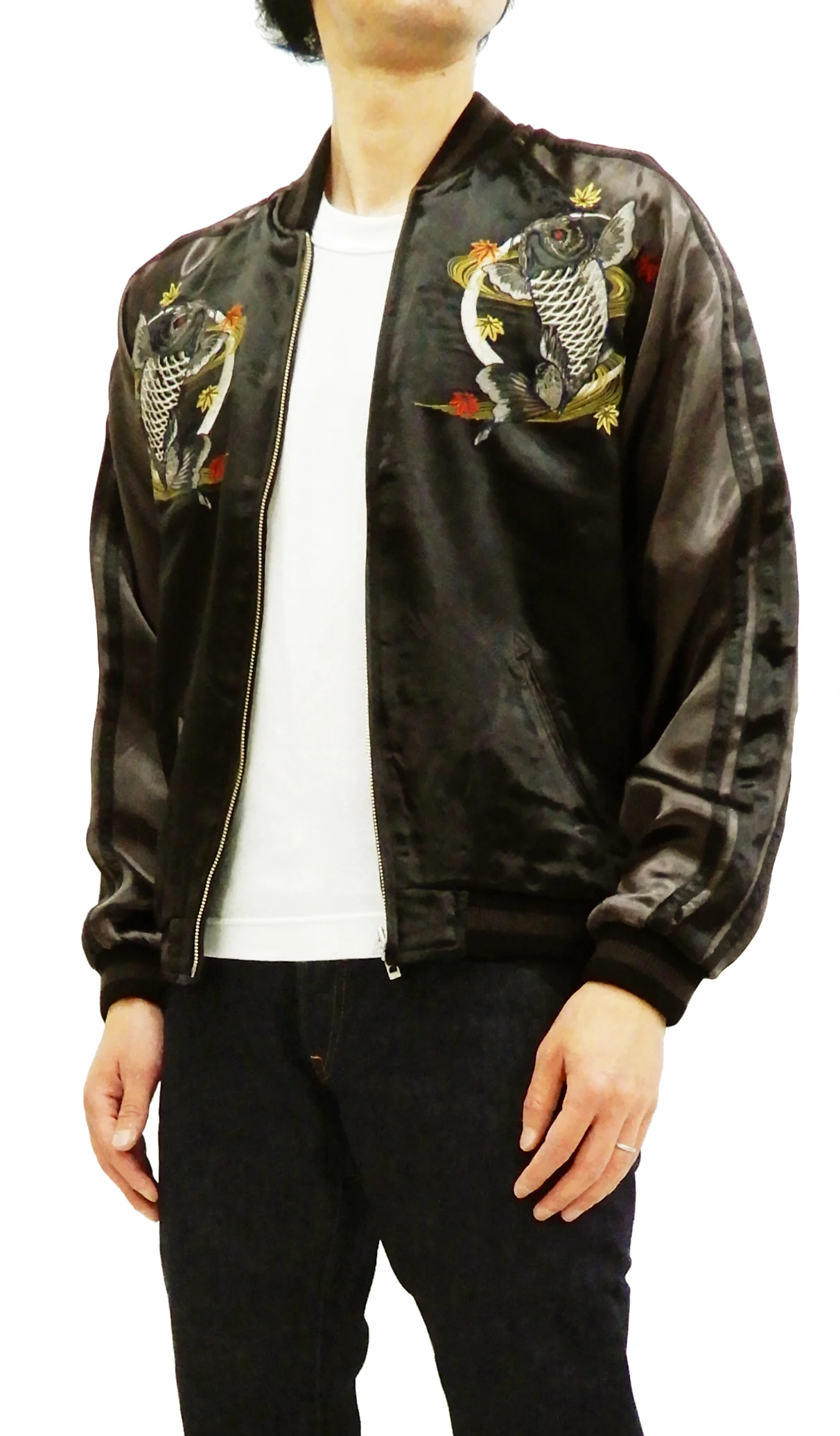 Satori Script Men's Japanese Souvenir Jacket Koi Fish Carp Sukajan GSJR-023 Black/Charcoal-Gray - Image 5