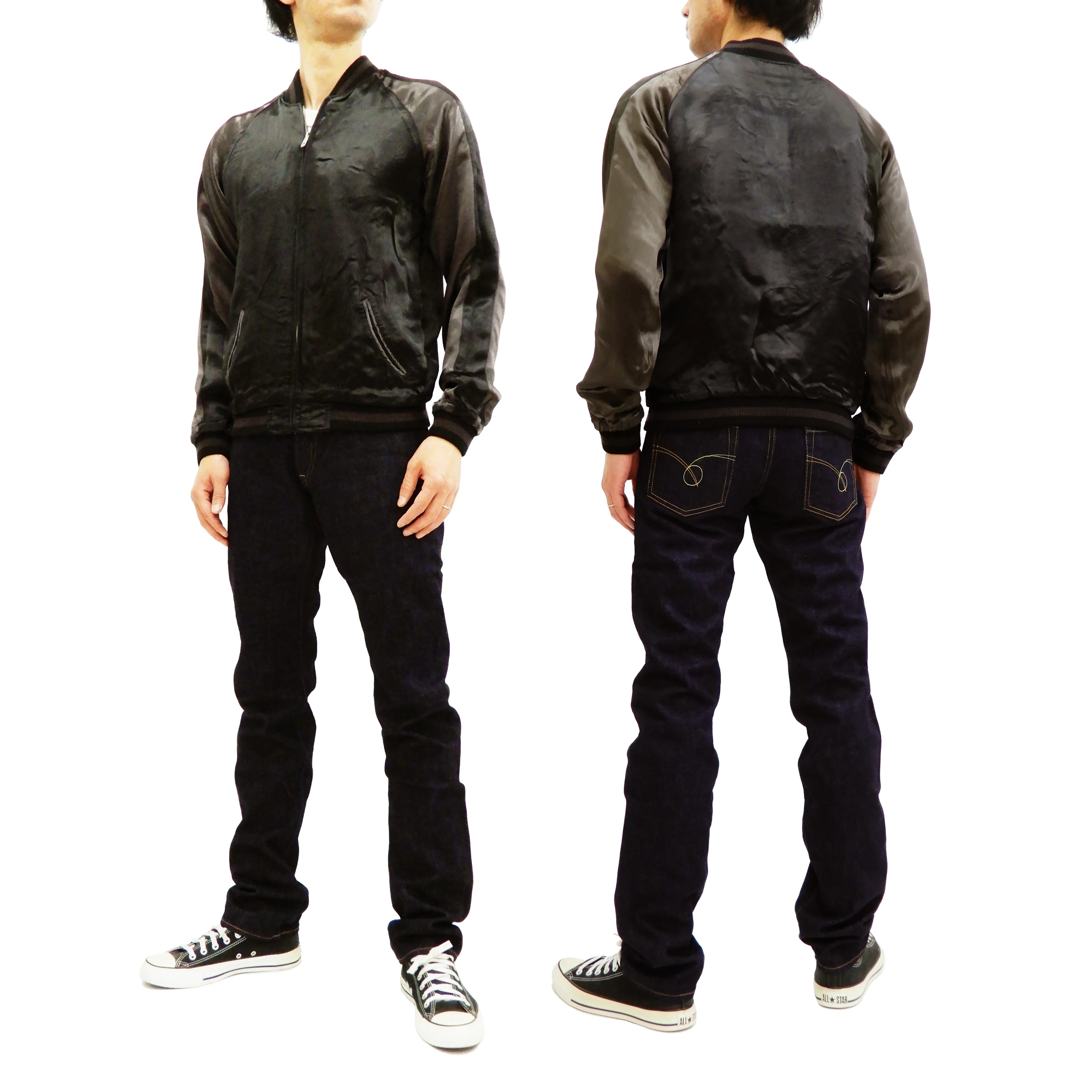 Satori Script Men's Japanese Souvenir Jacket Koi Fish Carp Sukajan GSJR-023 Black/Charcoal-Gray - Image 6