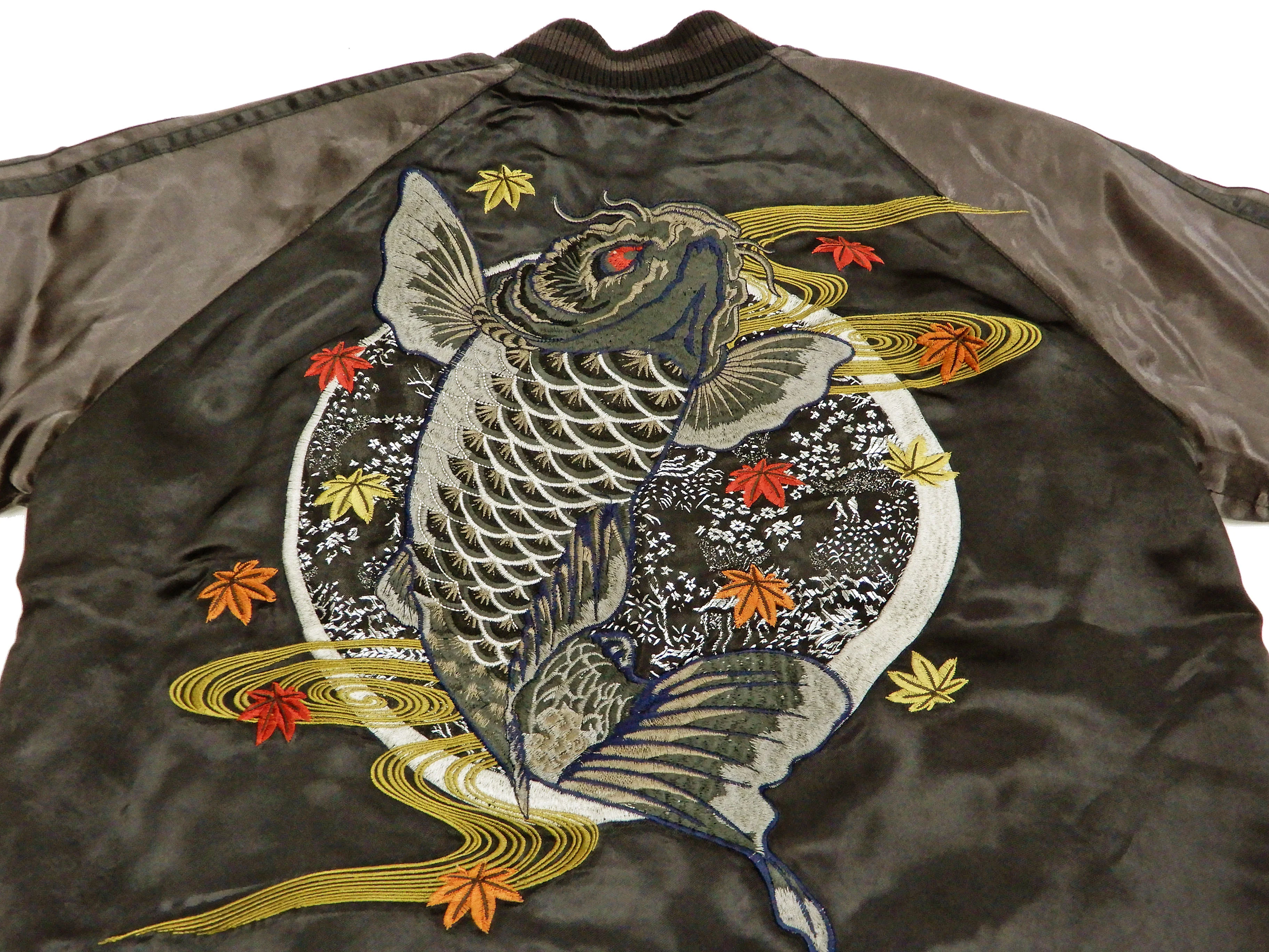Satori Script Men's Japanese Souvenir Jacket Koi Fish Carp Sukajan GSJR-023 Black/Charcoal-Gray - Image 8