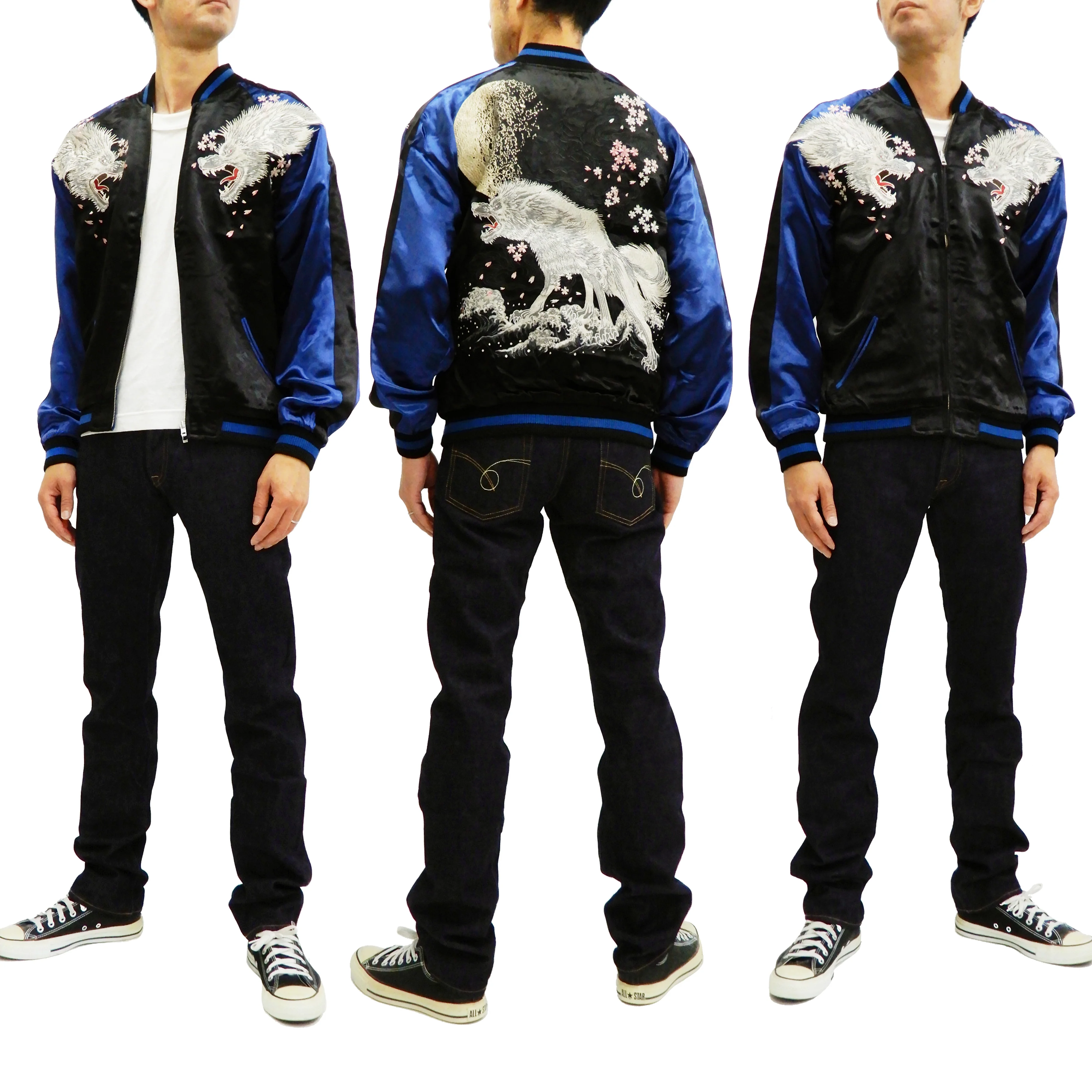 Satori Script Men's Japanese Souvenir Jacket Wolf with Moon Sukajan GSJR-025 Black/Dark-Blue - Image 3