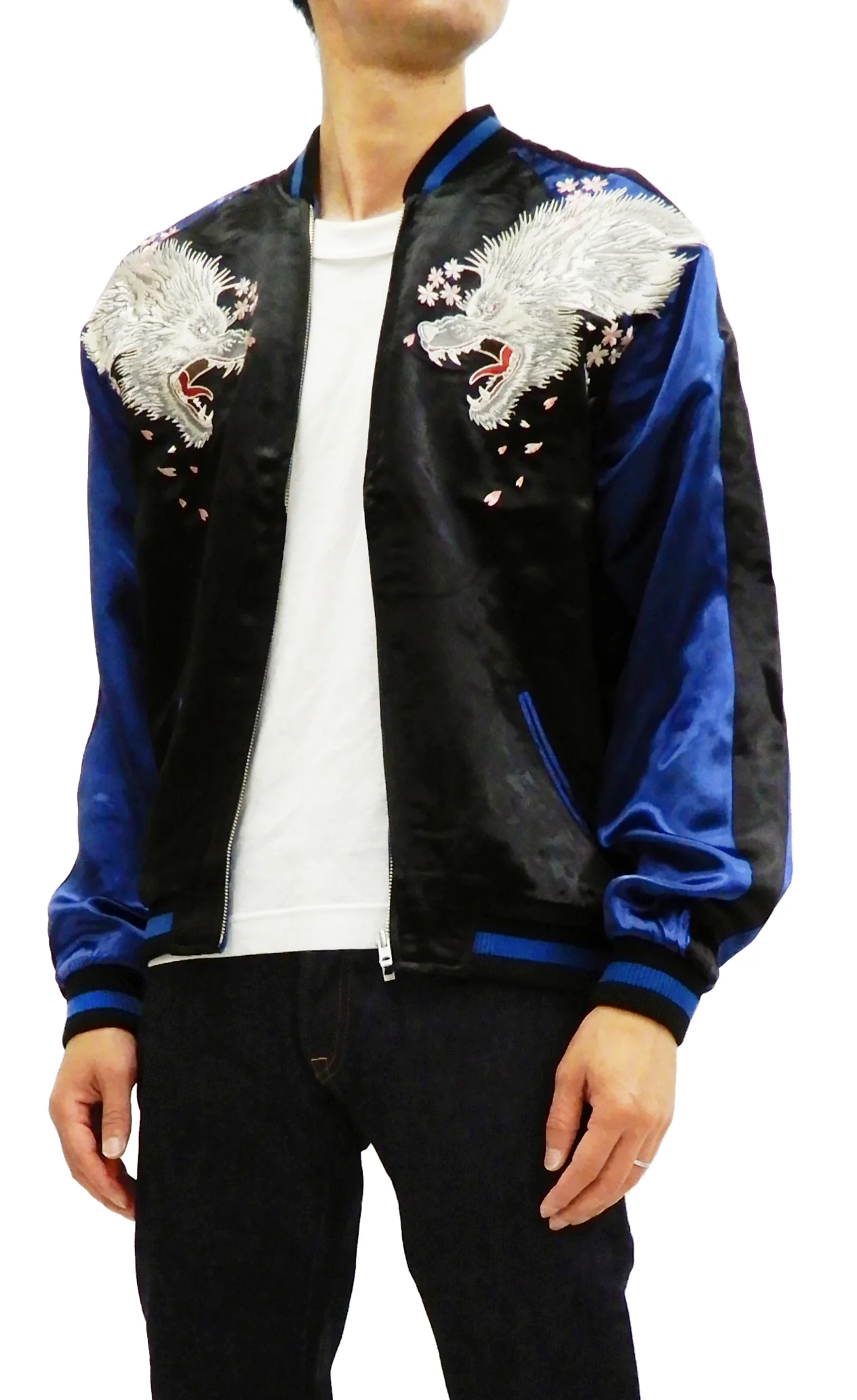 Satori Script Men's Japanese Souvenir Jacket Wolf with Moon Sukajan GSJR-025 Black/Dark-Blue - Image 4