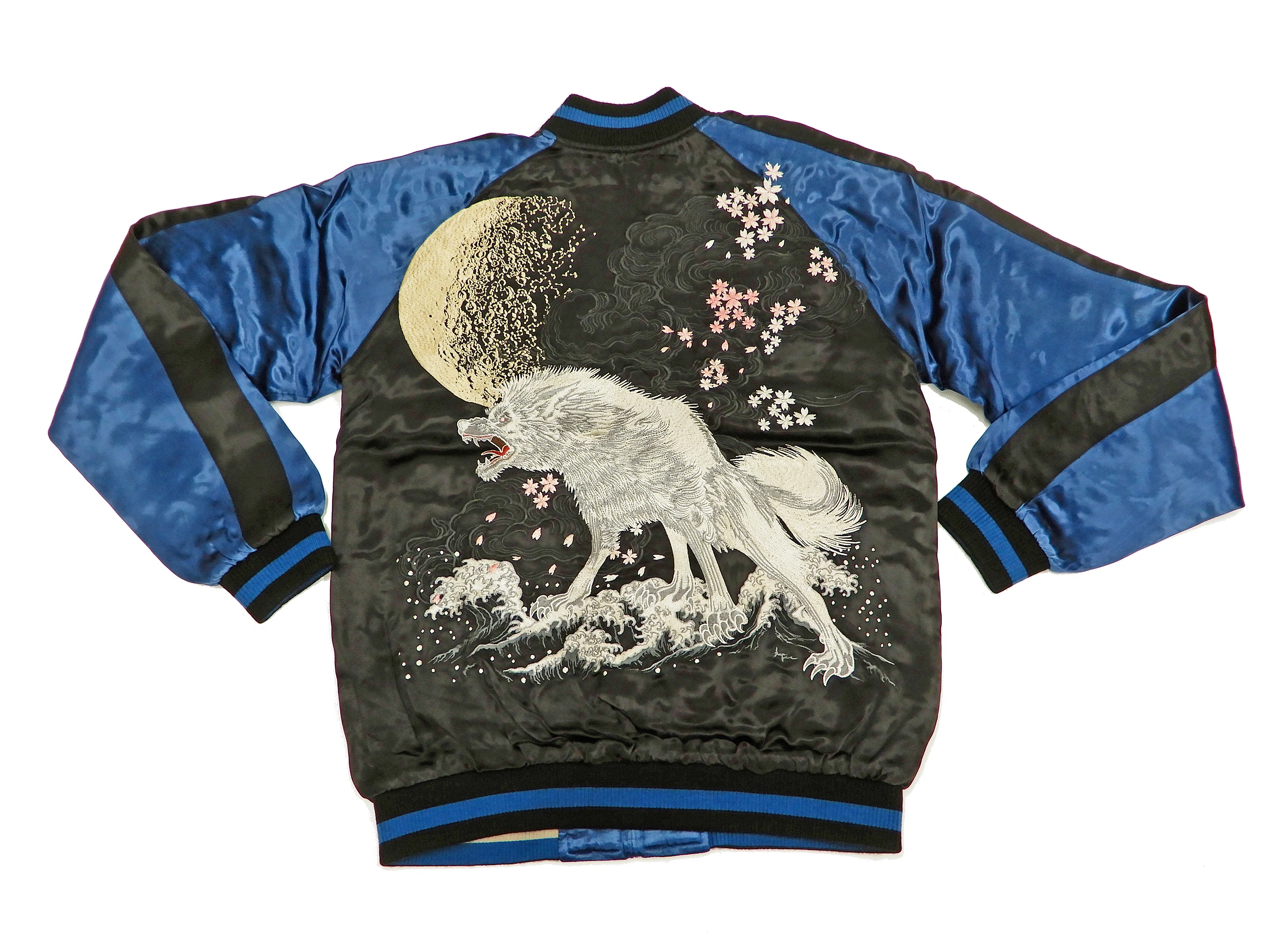 Satori Script Men's Japanese Souvenir Jacket Wolf with Moon Sukajan GSJR-025 Black/Dark-Blue - Image 7