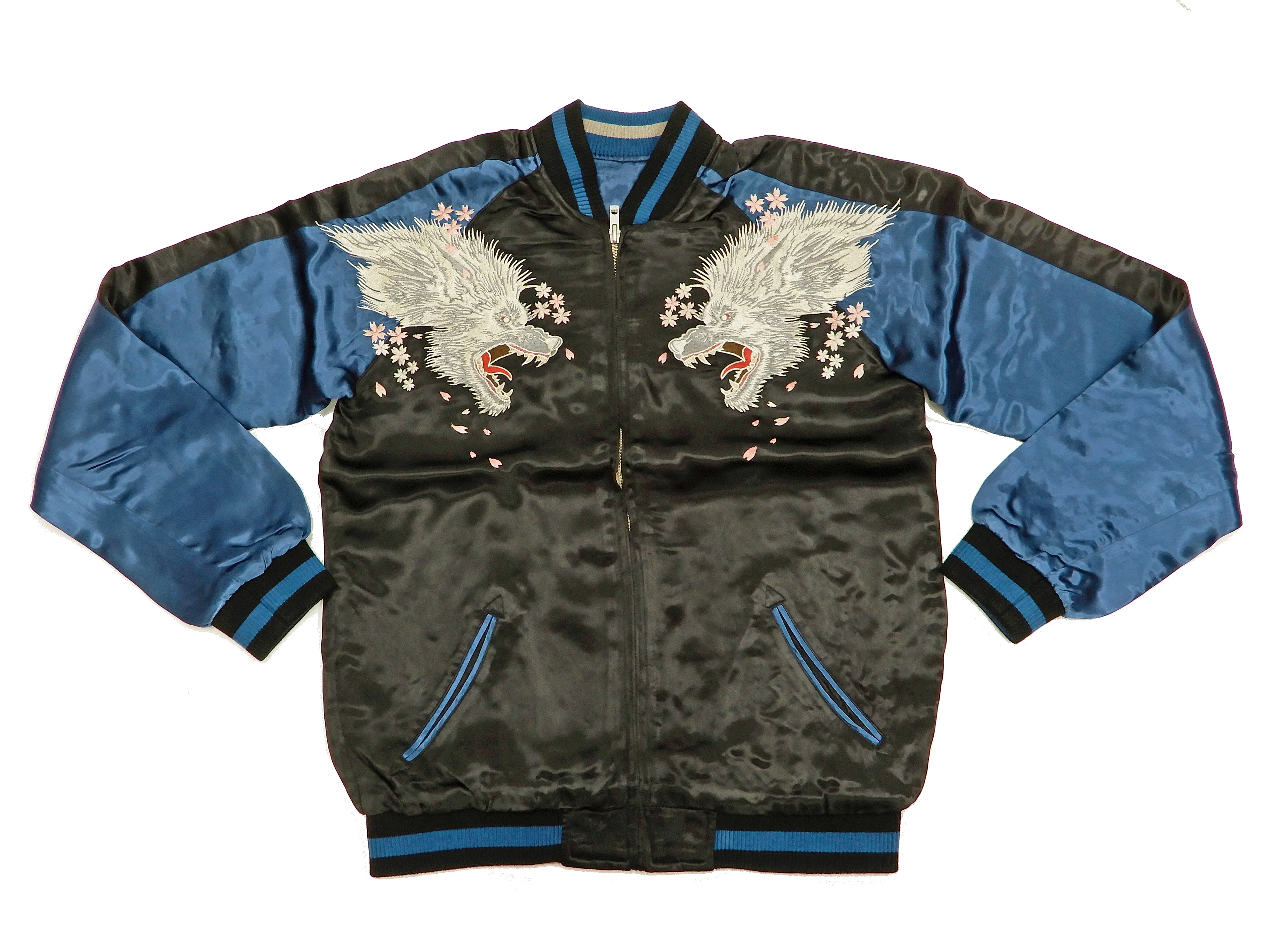 Satori Script Men's Japanese Souvenir Jacket Wolf with Moon Sukajan GSJR-025 Black/Dark-Blue - Image 9