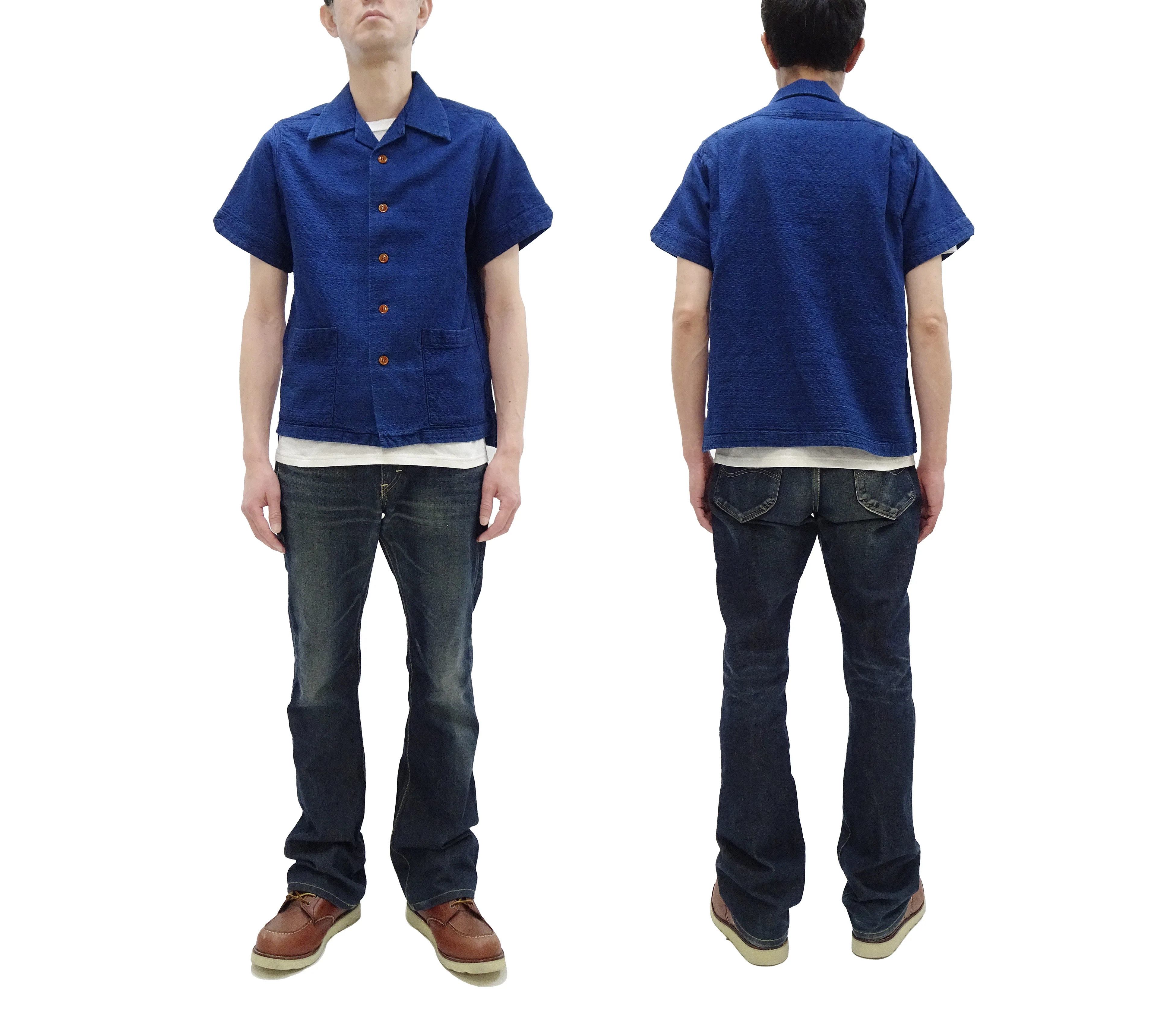 Studio D'Artisan Indigo Dobby Camp Collar Shirt - Men's Short Sleeve Casual Shirt with Relaxed Resort-Style Design - 5724U Faded-Indigo - Image 3