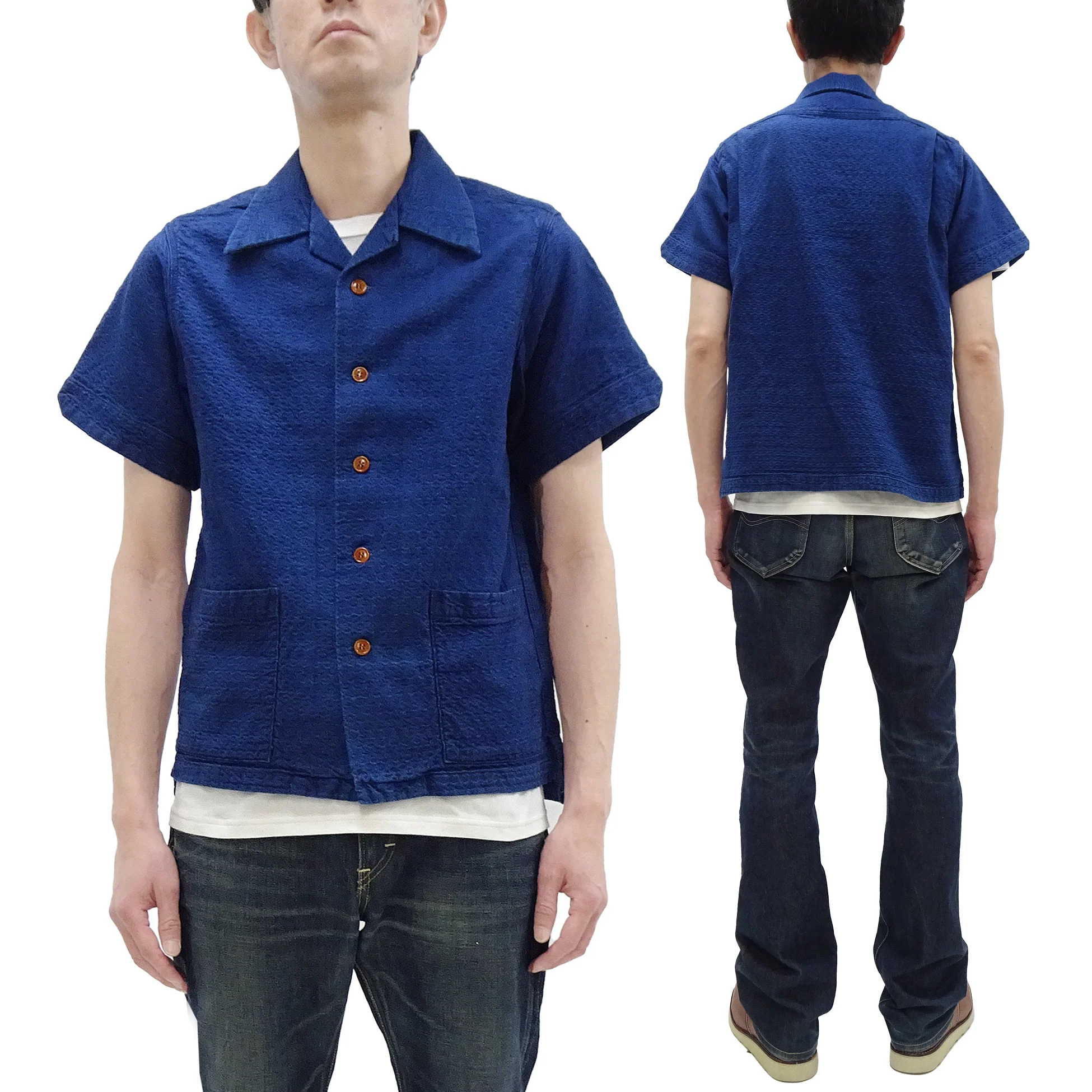Studio D'Artisan Indigo Dobby Camp Collar Shirt - Men's Short Sleeve Casual Shirt with Relaxed Resort-Style Design - 5724U Faded-Indigo - Image 5
