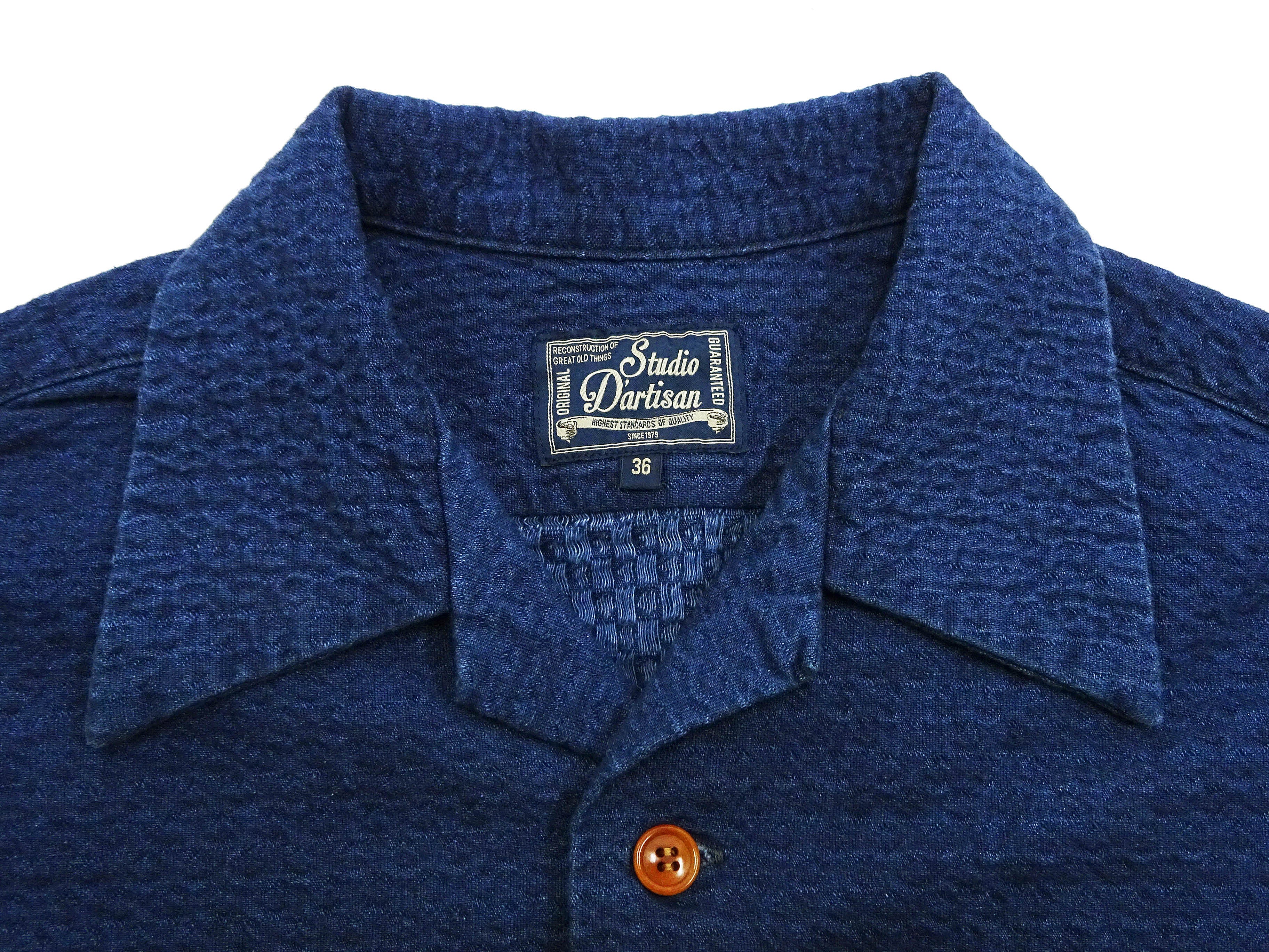 Studio D'Artisan Indigo Dobby Camp Collar Shirt - Men's Short Sleeve Casual Shirt with Relaxed Resort-Style Design - 5724U Faded-Indigo - Image 8