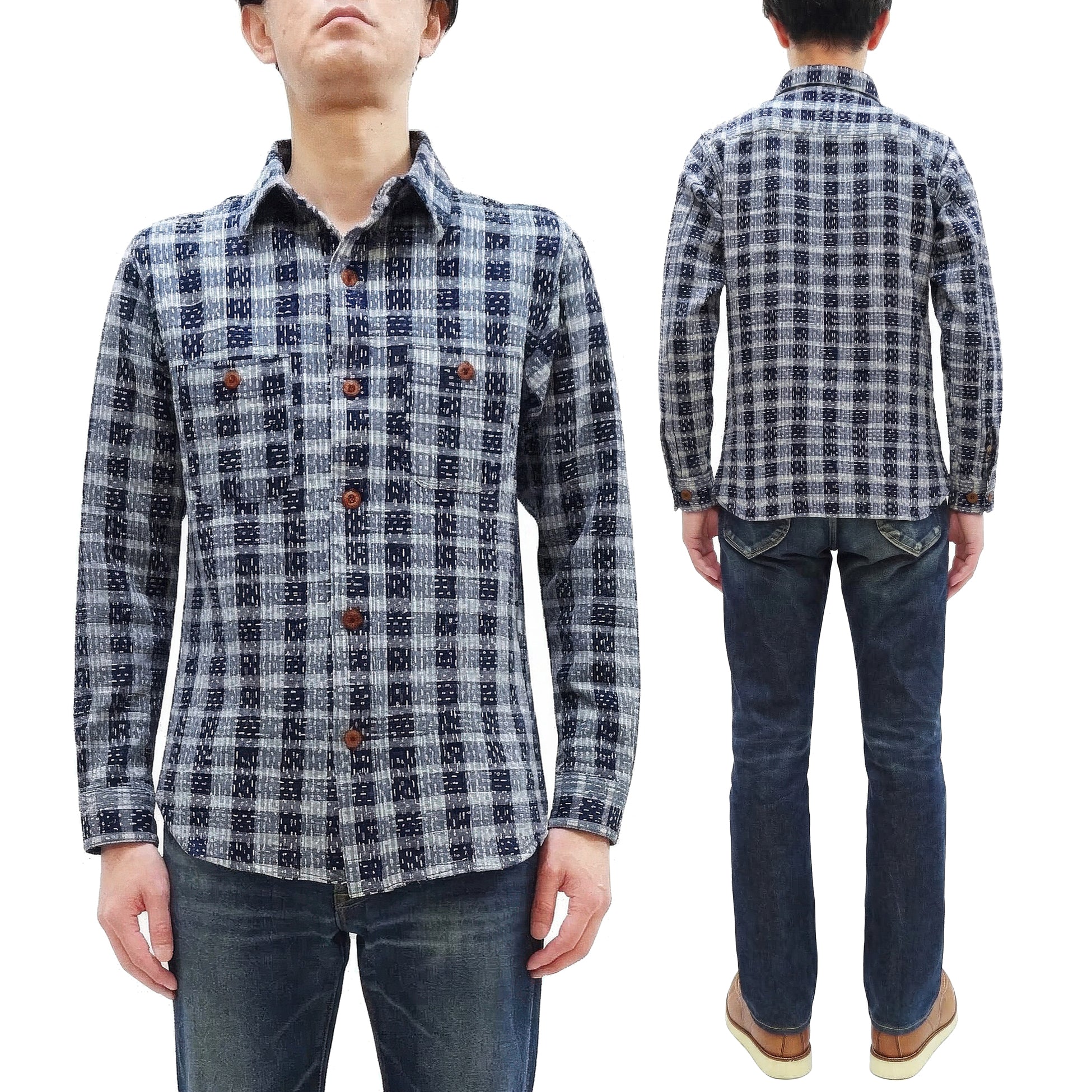 Studio D'Artisan Men's Indigo Plaid Long Sleeve Work Shirt Noragi Boro Sashiko Inspired Made in Japan (SDA 5737) - Image 5