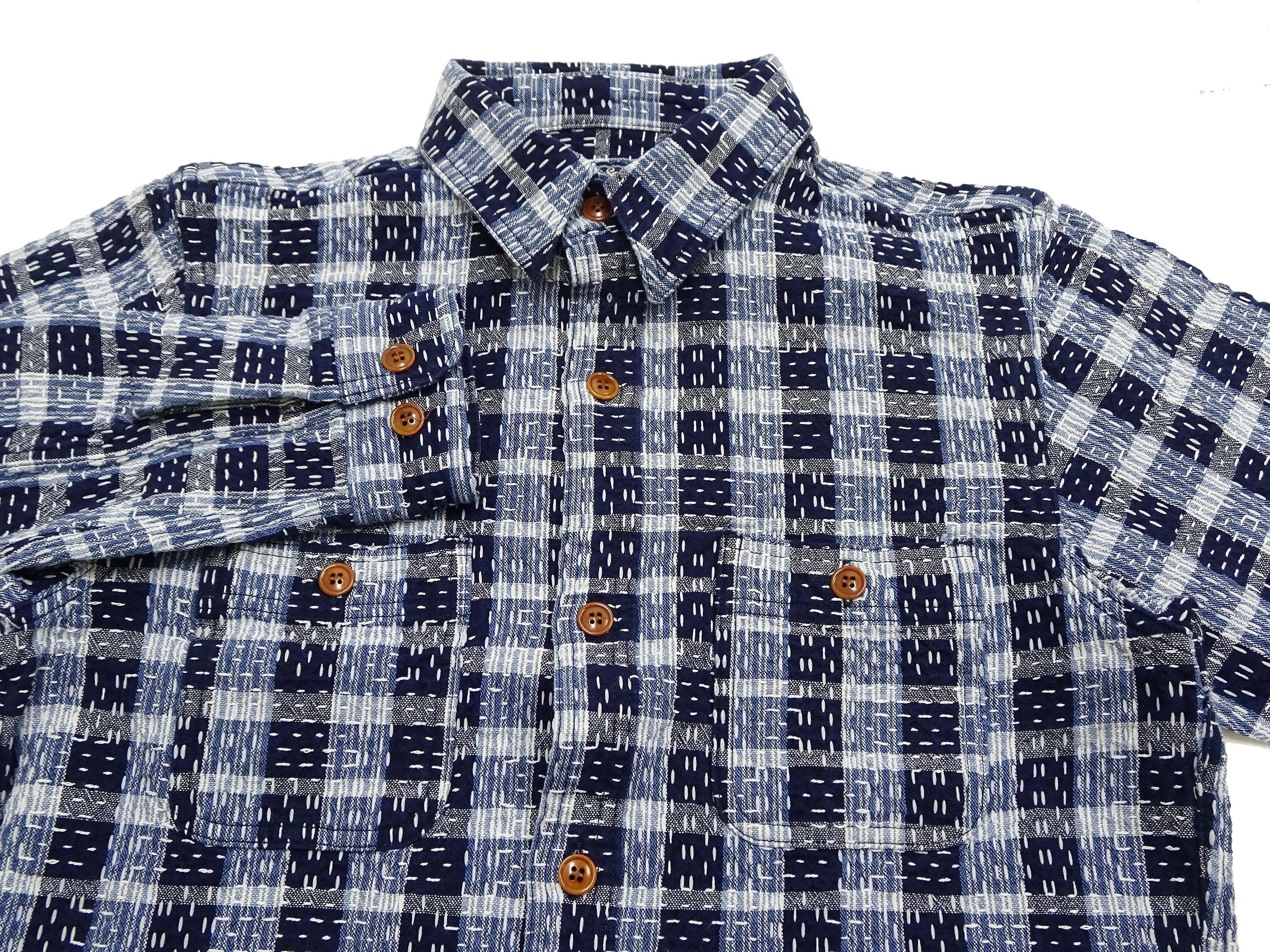 Studio D'Artisan Men's Indigo Plaid Long Sleeve Work Shirt Noragi Boro Sashiko Inspired Made in Japan (SDA 5737) - Image 7