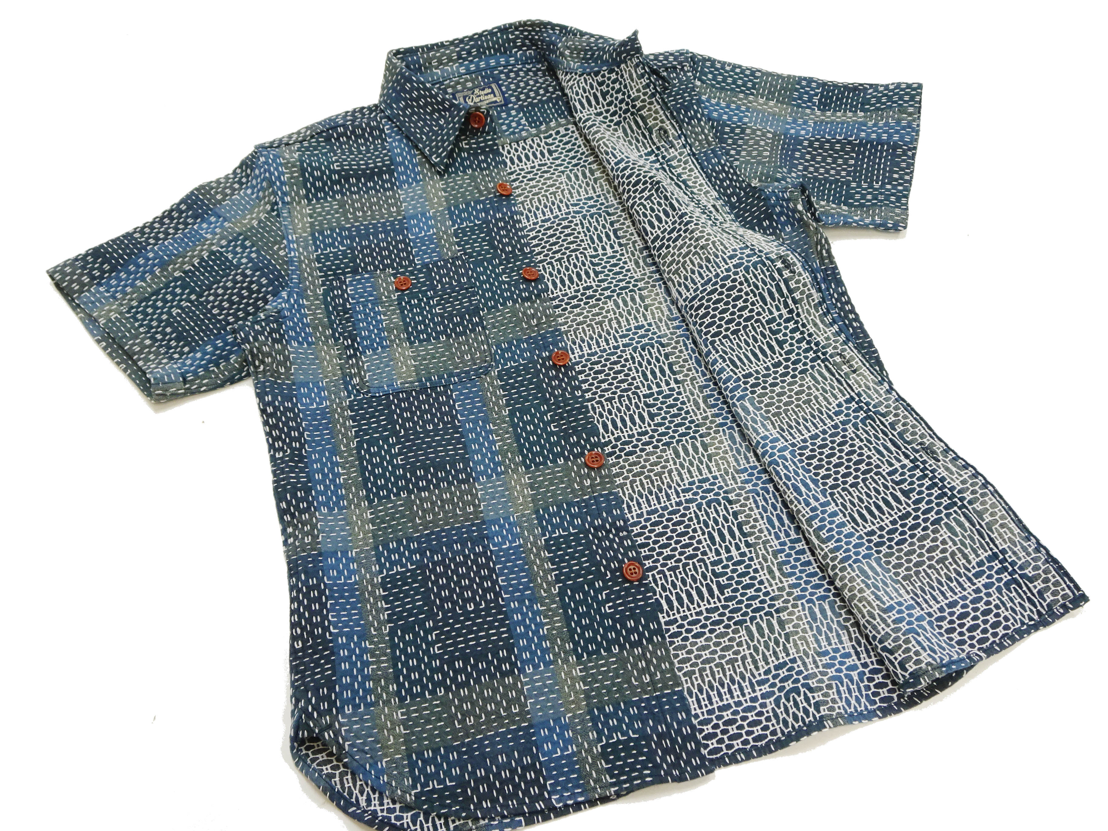 Studio D'artisan Men's Noragi-Style Sashiko Jacquard Short Sleeve Shirt, Boro-Inspired Heavyweight Japanese Workwear Button-Up Shirt, Made in Japan (SDA 5657, Blue) - Image 10