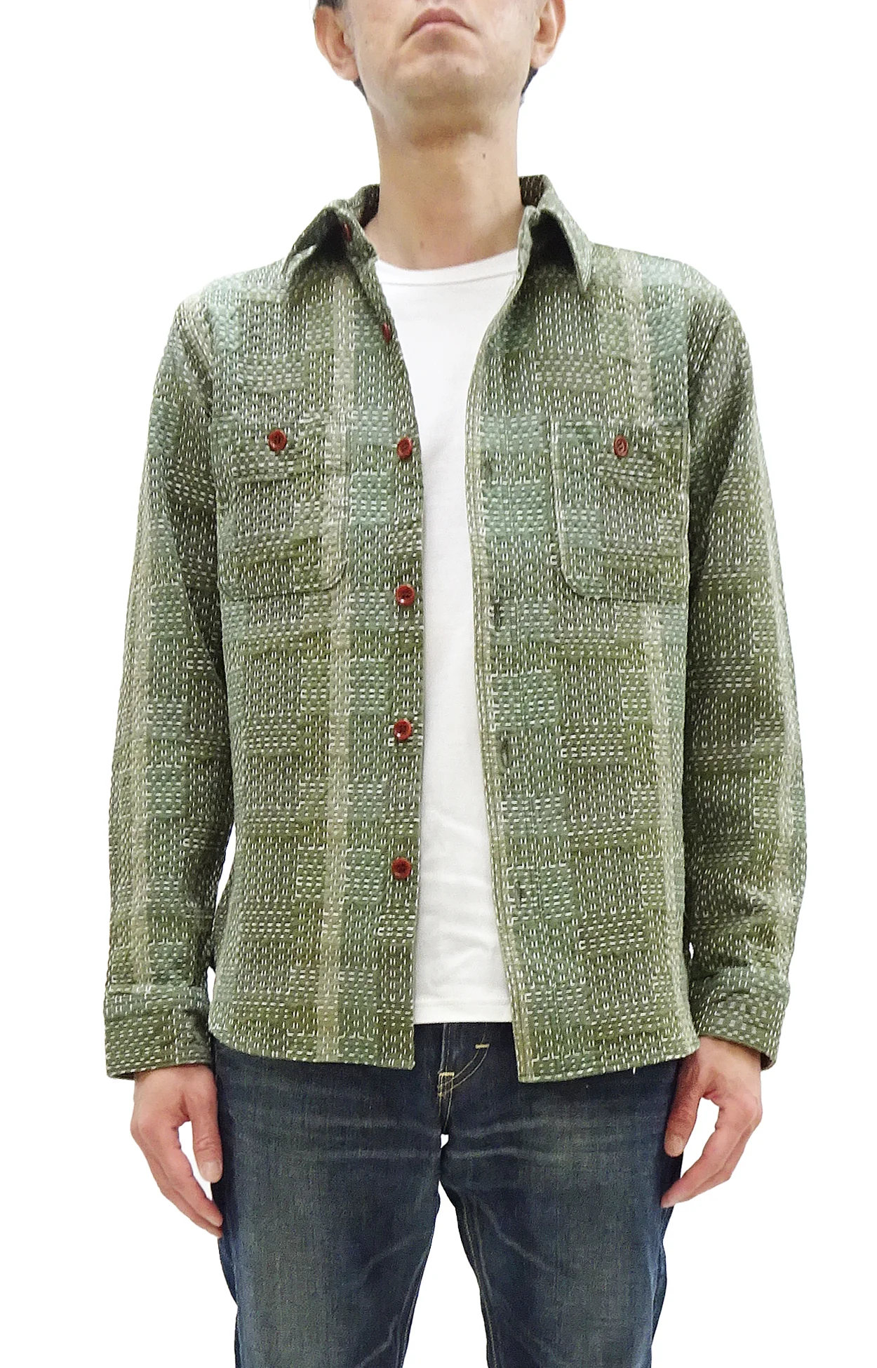 Studio D'Artisan Men's Heavyweight Jacquard Work Shirt, Sashiko Stitch Boro/Noragi-Inspired Slub Plaid, 100% Cotton, Made in Japan (SDA 5651 Green) - Image 4