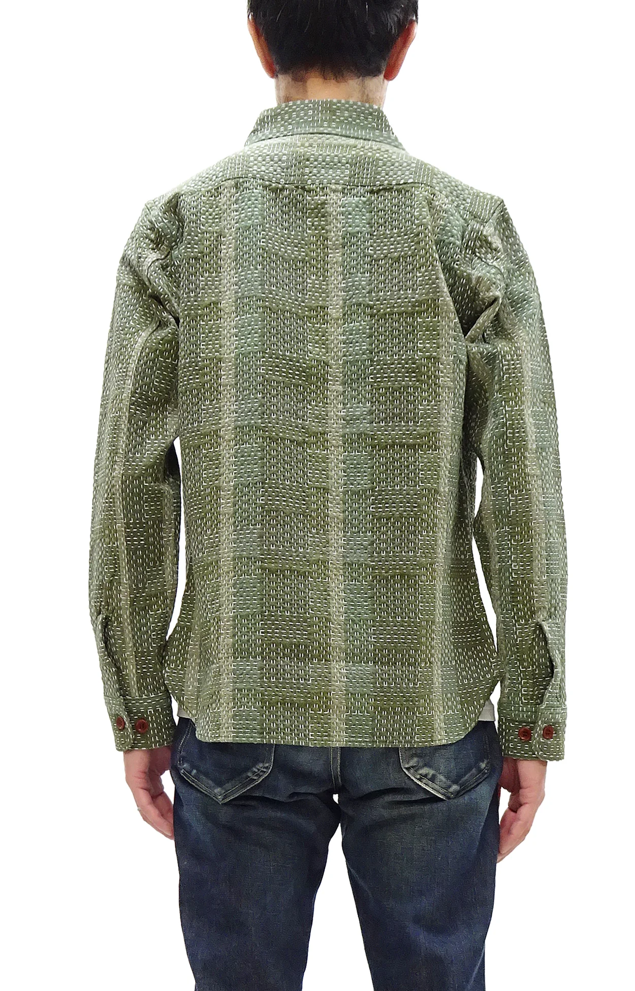 Studio D'Artisan Men's Heavyweight Jacquard Work Shirt, Sashiko Stitch Boro/Noragi-Inspired Slub Plaid, 100% Cotton, Made in Japan (SDA 5651 Green) - Image 5