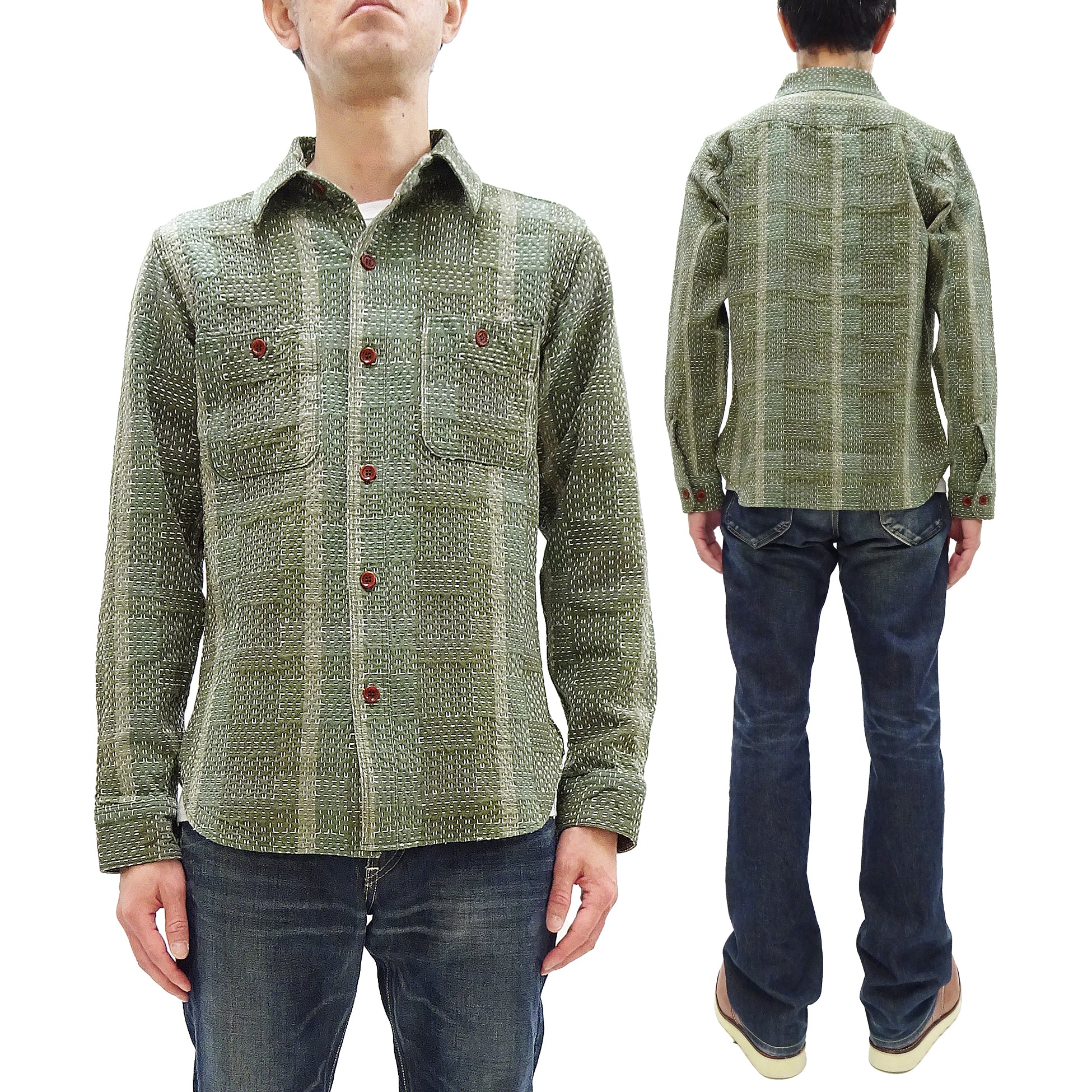 Studio D'Artisan Men's Heavyweight Jacquard Work Shirt, Sashiko Stitch Boro/Noragi-Inspired Slub Plaid, 100% Cotton, Made in Japan (SDA 5651 Green) - Image 6