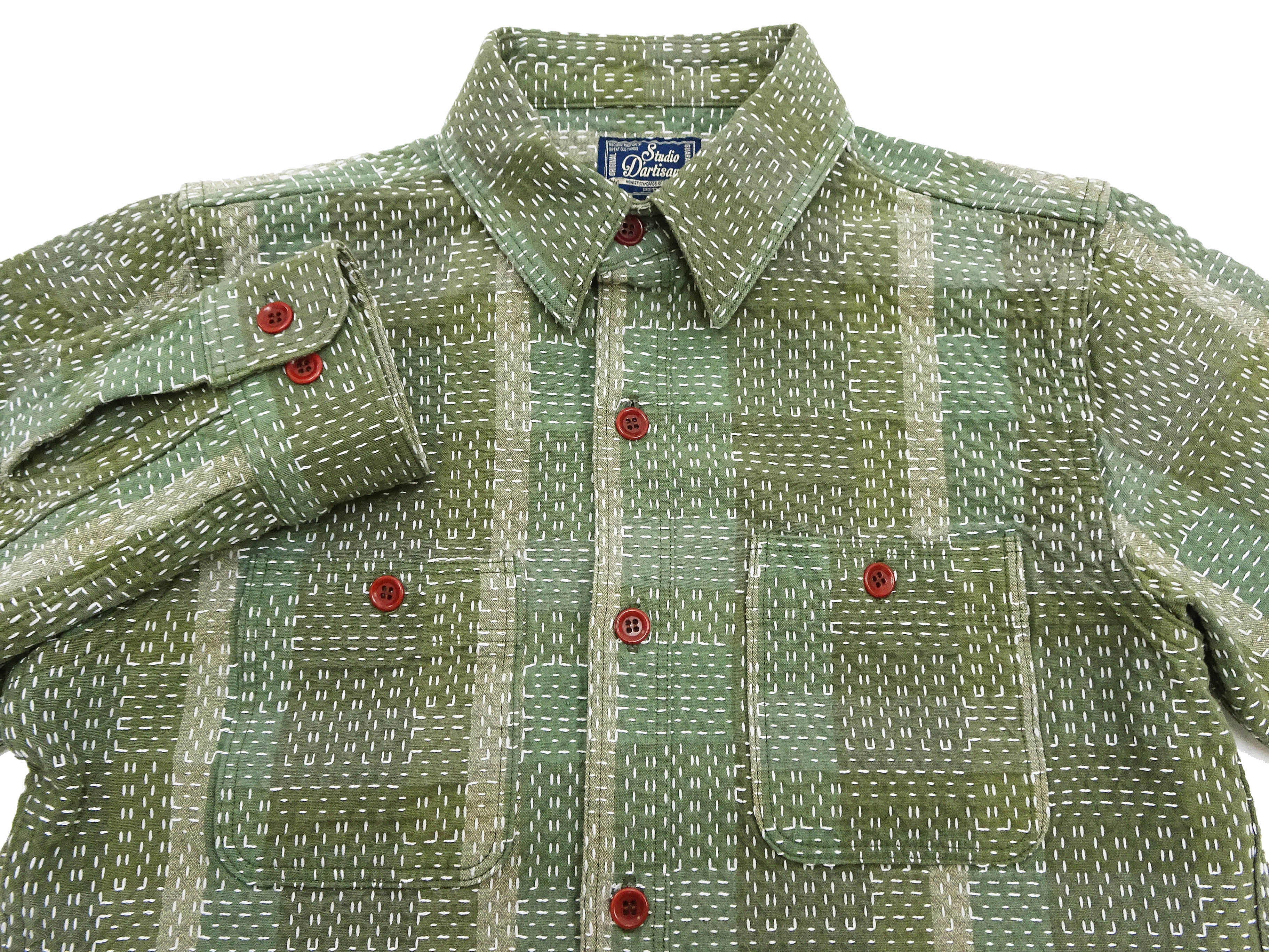 Studio D'Artisan Men's Heavyweight Jacquard Work Shirt, Sashiko Stitch Boro/Noragi-Inspired Slub Plaid, 100% Cotton, Made in Japan (SDA 5651 Green) - Image 8
