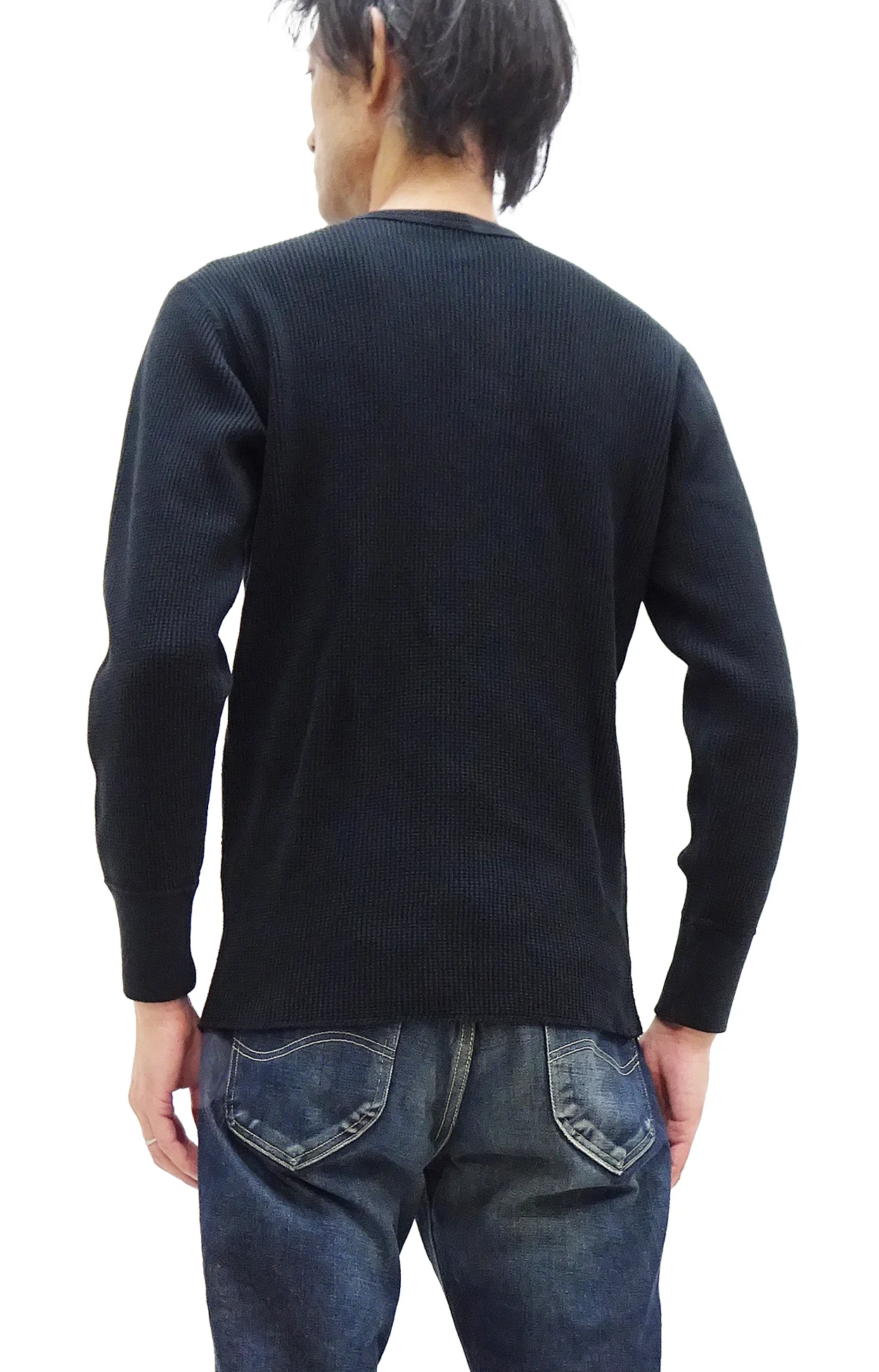 Studio D'Artisan Men's Heavyweight Waffle Knit Thermal Henley Long Sleeve T-Shirt - 100% Cotton, Ribbed Crew Neck Band, Ribbed Cuffs, Raw-edge hem, Made in Japan (SDA 9937) Black - Image 4