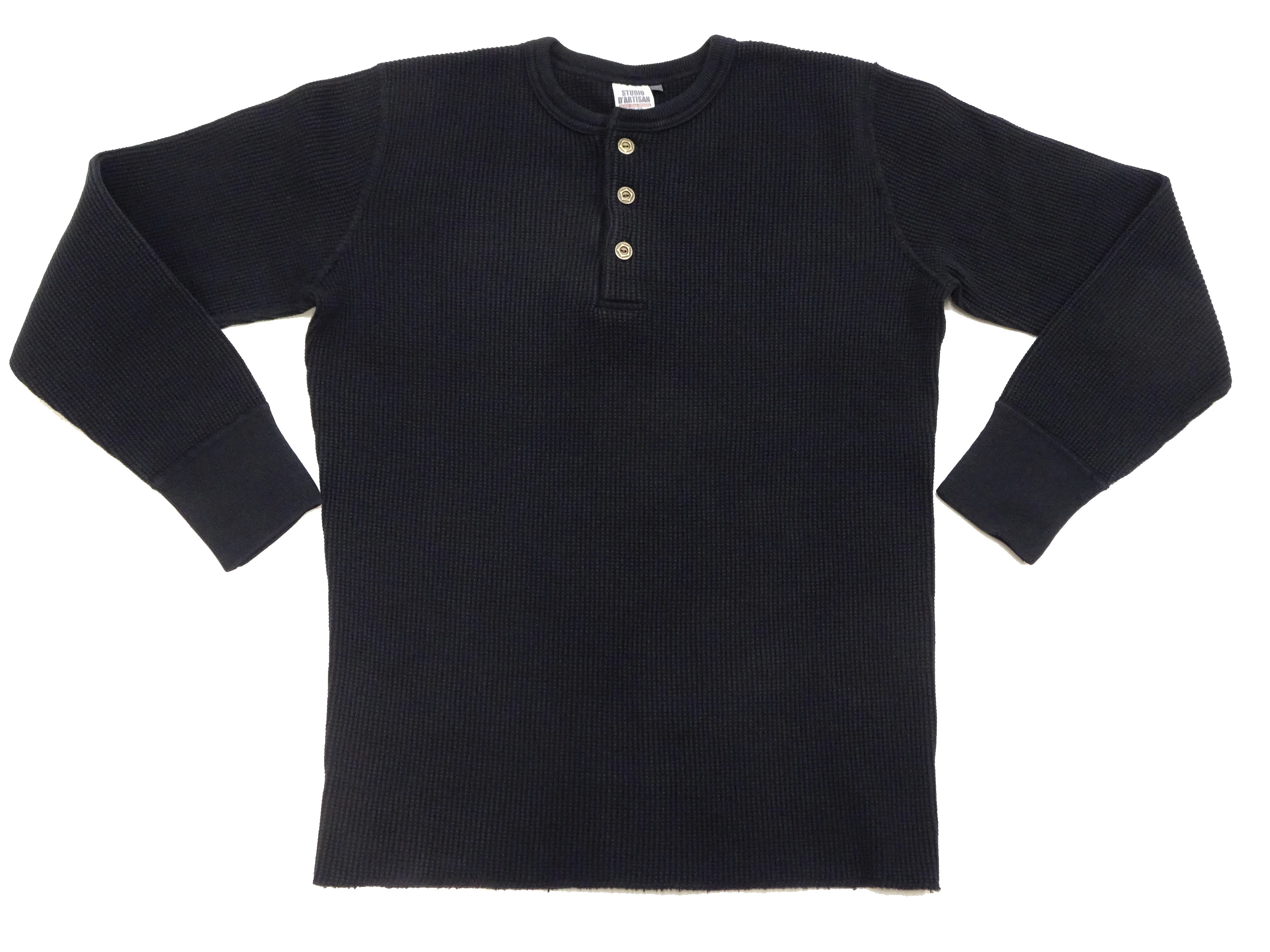 Studio D'Artisan Men's Heavyweight Waffle Knit Thermal Henley Long Sleeve T-Shirt - 100% Cotton, Ribbed Crew Neck Band, Ribbed Cuffs, Raw-edge hem, Made in Japan (SDA 9937) Black - Image 6