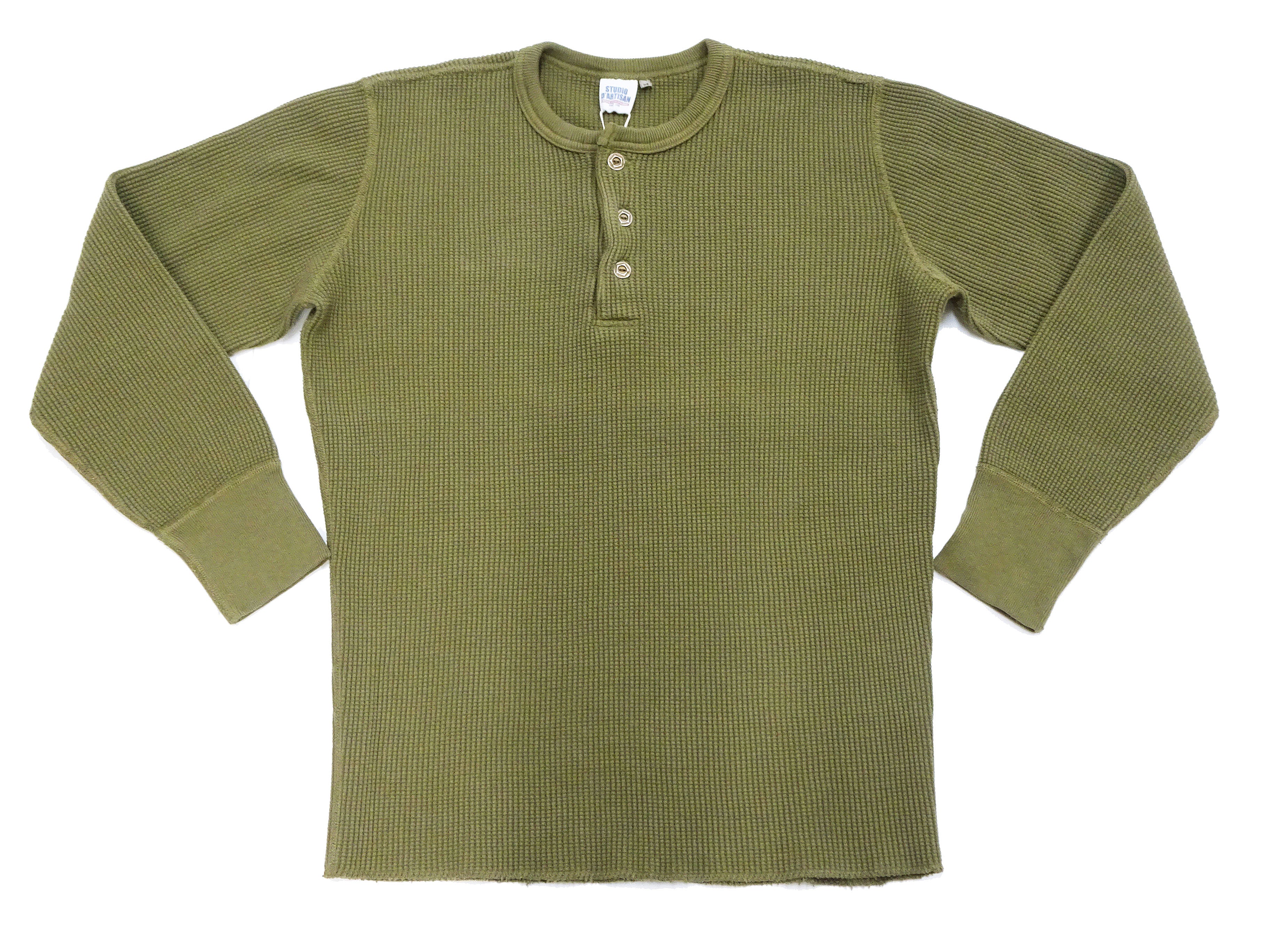 Studio D'Artisan Men's Heavyweight Waffle Knit Thermal Henley Long Sleeve T-Shirt - 100% Cotton, Ribbed Crew Neck Band, Ribbed Cuffs, Raw-edge hem, Made in Japan (SDA 9937) Khaki - Image 6