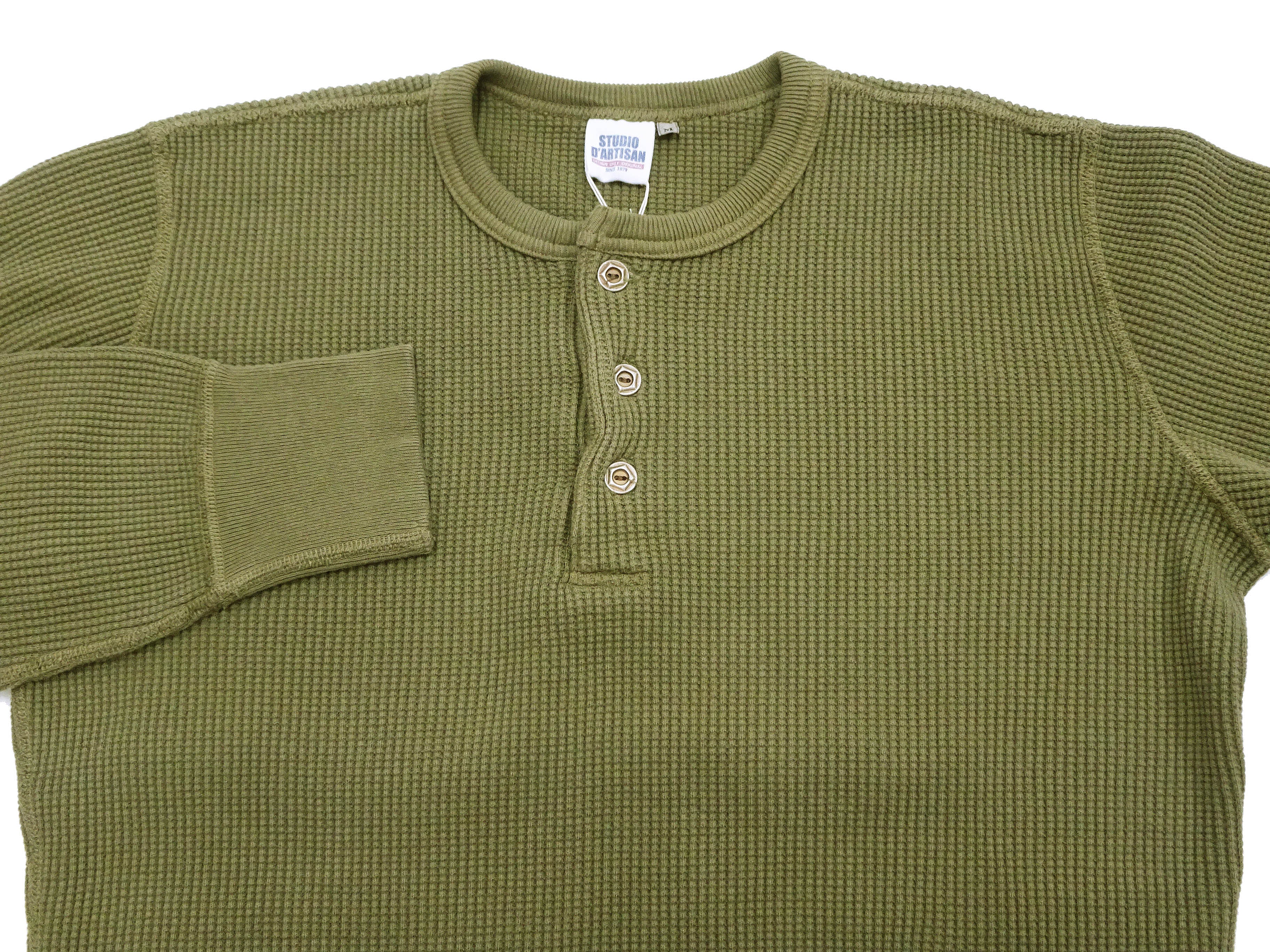 Studio D'Artisan Men's Heavyweight Waffle Knit Thermal Henley Long Sleeve T-Shirt - 100% Cotton, Ribbed Crew Neck Band, Ribbed Cuffs, Raw-edge hem, Made in Japan (SDA 9937) Khaki - Image 7