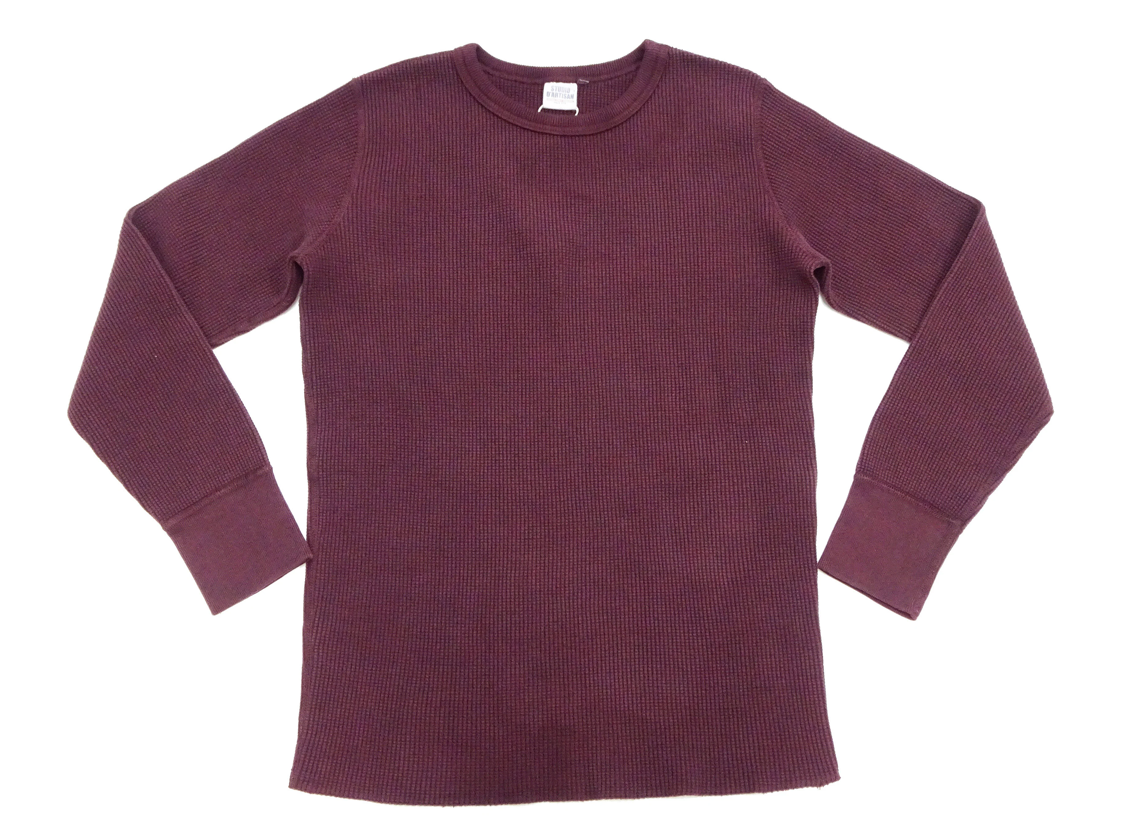 Studio D'Artisan Men's Heavyweight Waffle Knit Thermal Long Sleeve T-Shirt - 100% Cotton, Crew Neck, Ribbed Cuffs, Raw-edge hem, Made in Japan (SDA 9936) Burgundy - Image 3