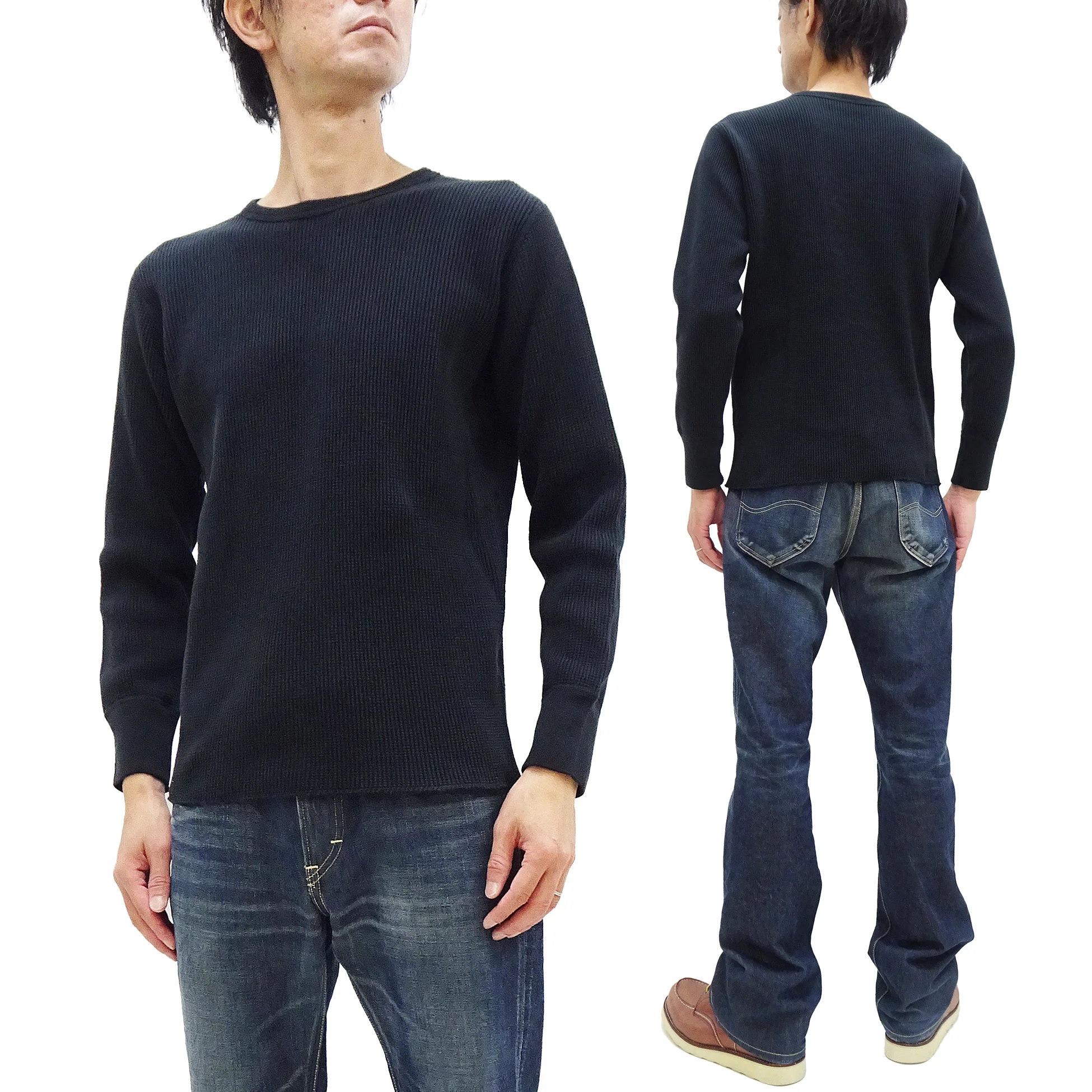 Studio D'Artisan Men's Heavyweight Waffle Knit Thermal Long Sleeve T-Shirt - 100% Cotton, Crew Neck, Ribbed Cuffs, Raw-edge hem, Made in Japan (SDA 9936) Black - Image 5